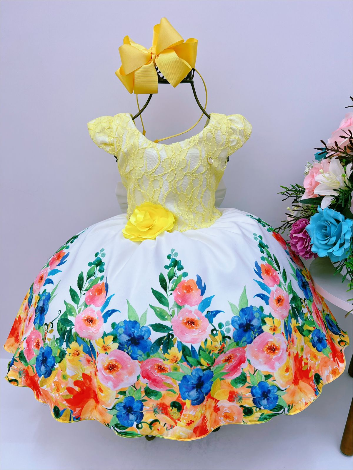 Vestido Infantil Amarelo Renda Jardim Broche Flor Strass