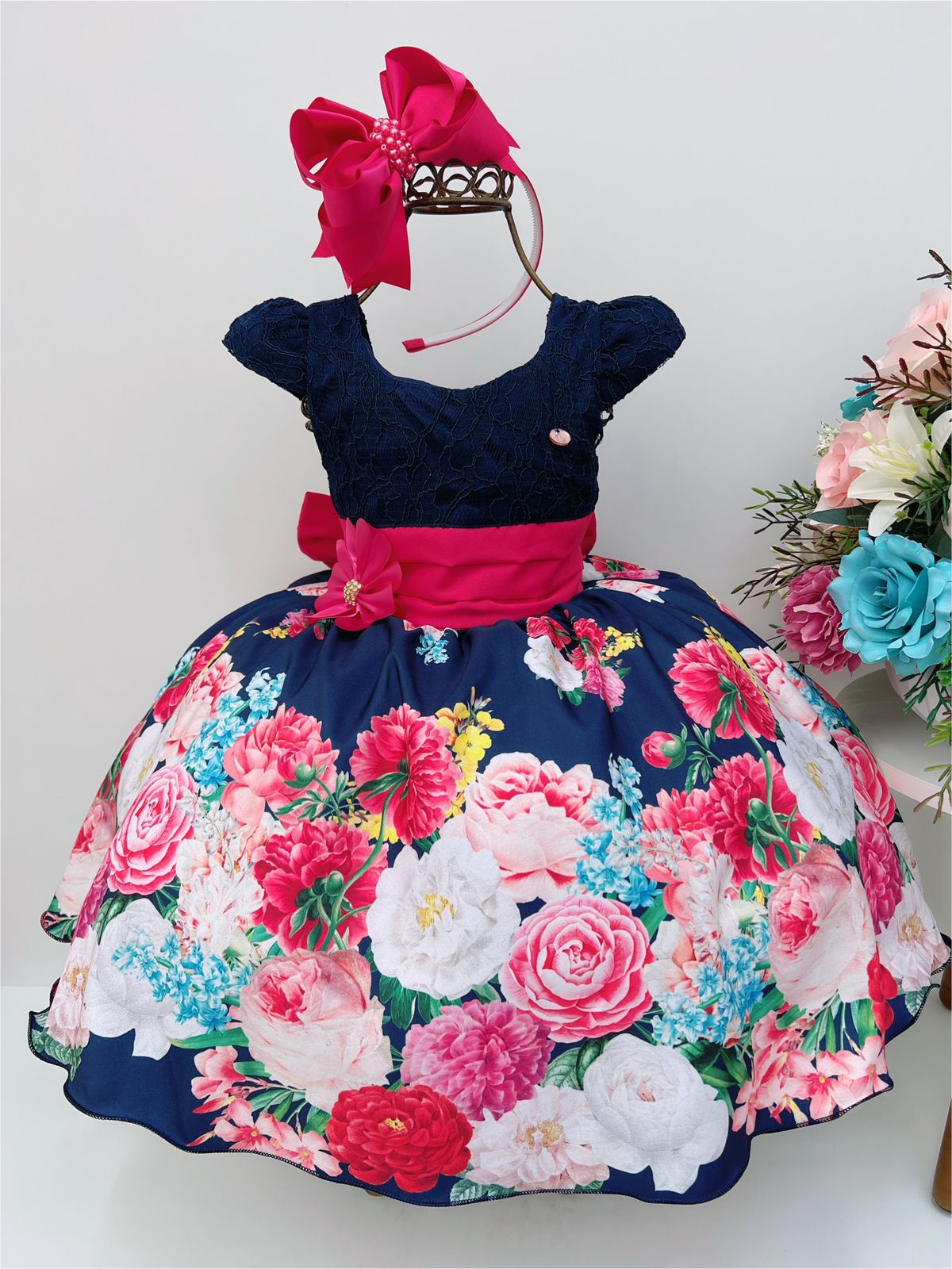 Vestido Infantil Azul Escuro Renda Jardim Broche Flor Strass