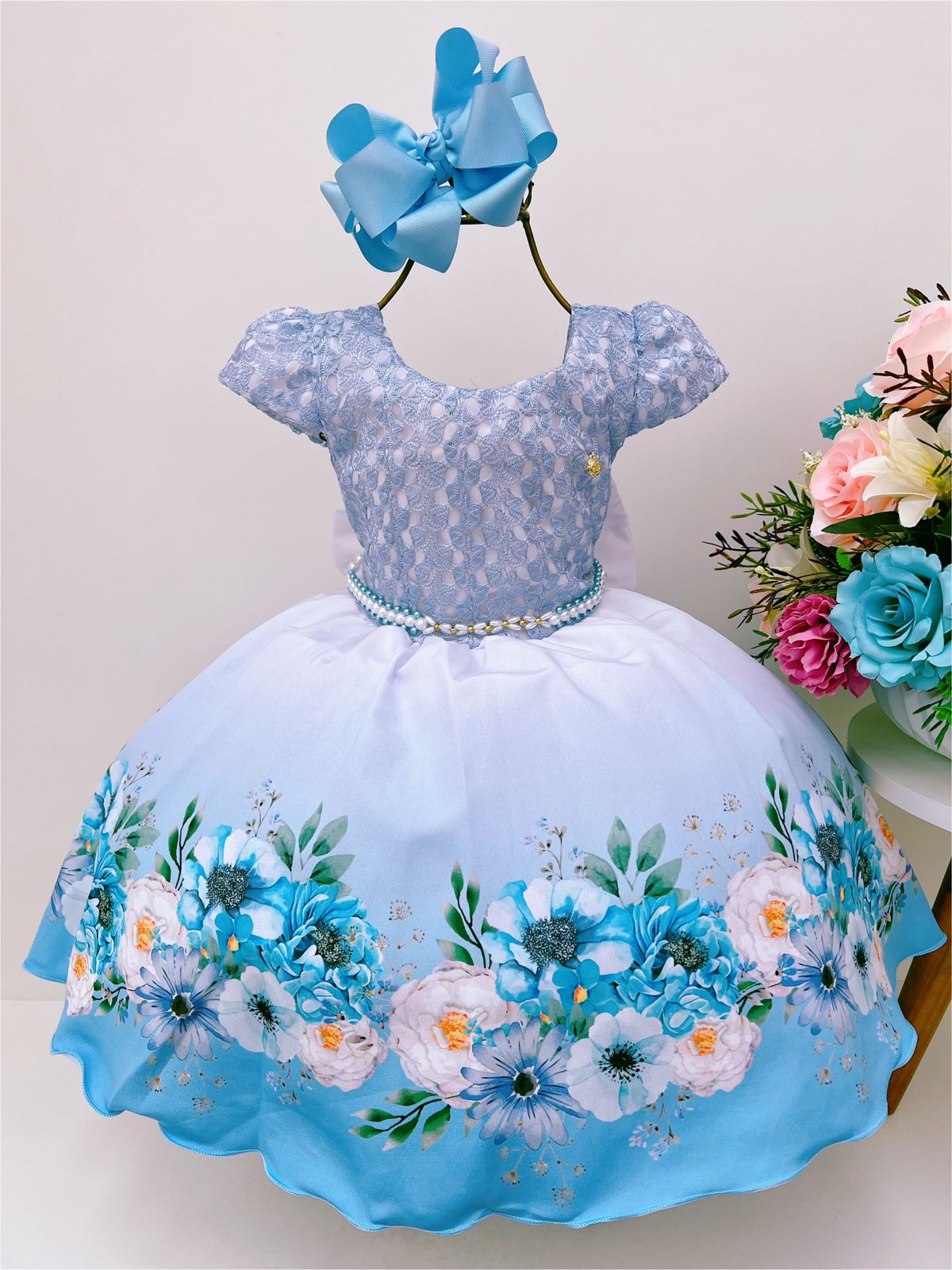 Vestido Infantil Azul Floral Renda Cinto Pérolas Luxo Festa