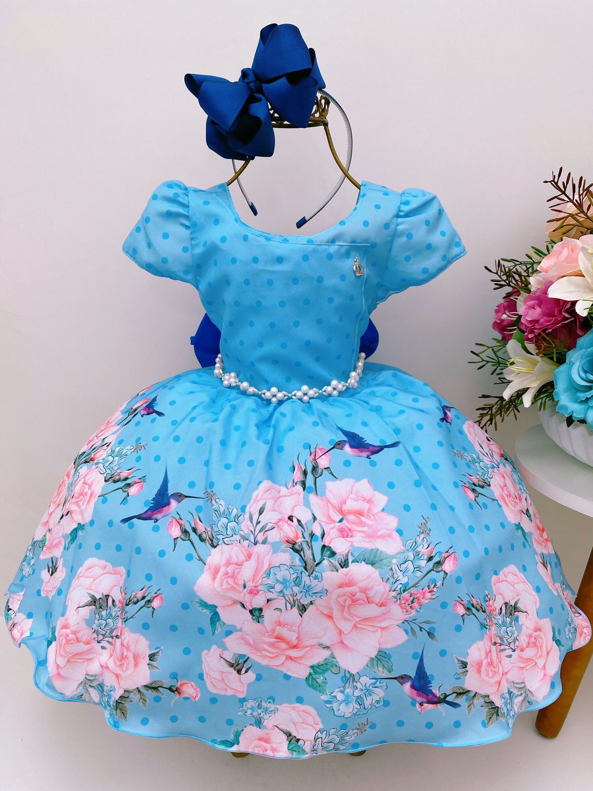 Vestido Infantil Azul Flores Beija Flor Cinto Pérolas Luxo