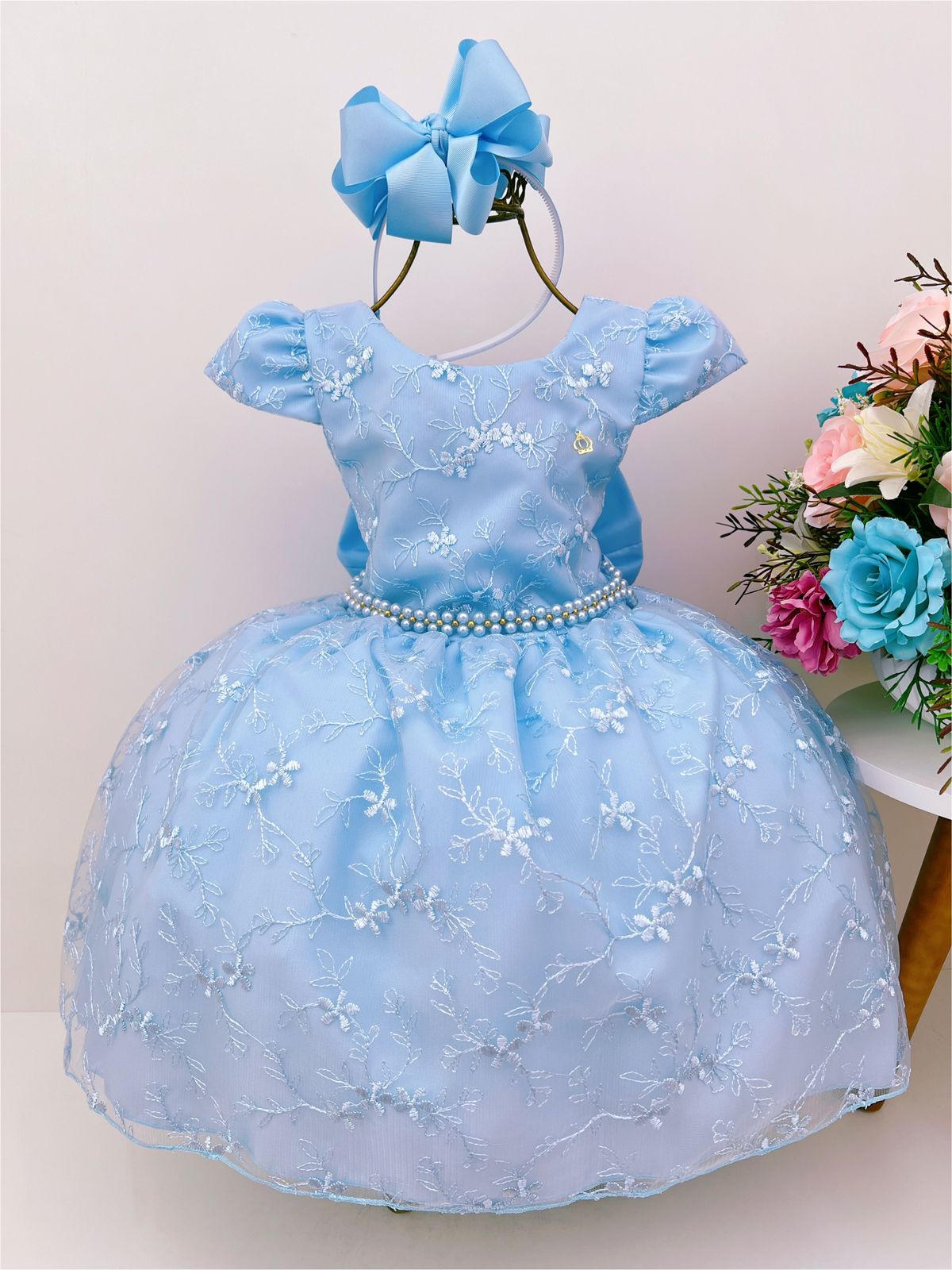 Vestido Infantil Azul Renda de Flores e Cinto de Pérolas