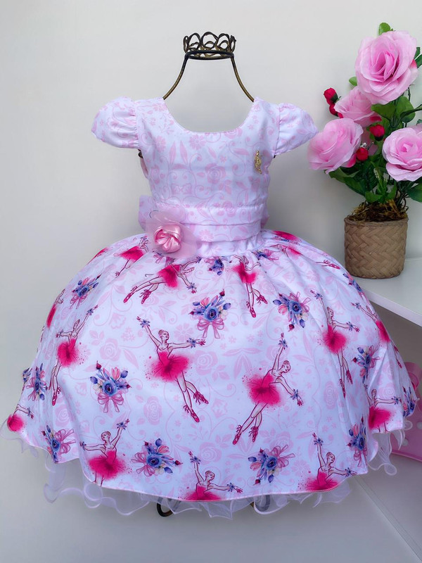 Vestido Infantil Bailarina Rosa Princesa Luxo Aplique Flor