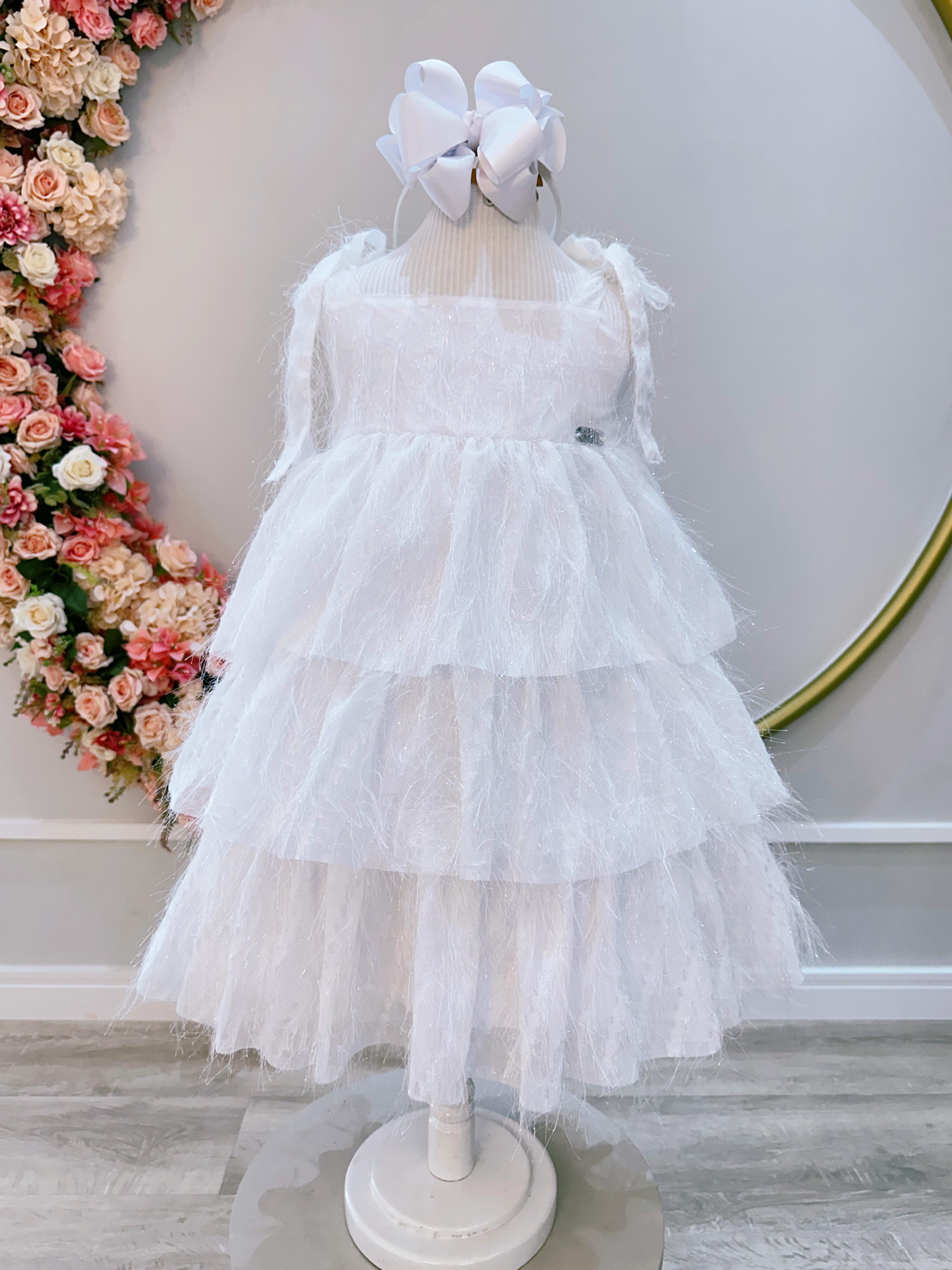 Vestido Infantil Branco de Alça e Com Plumas Luxo