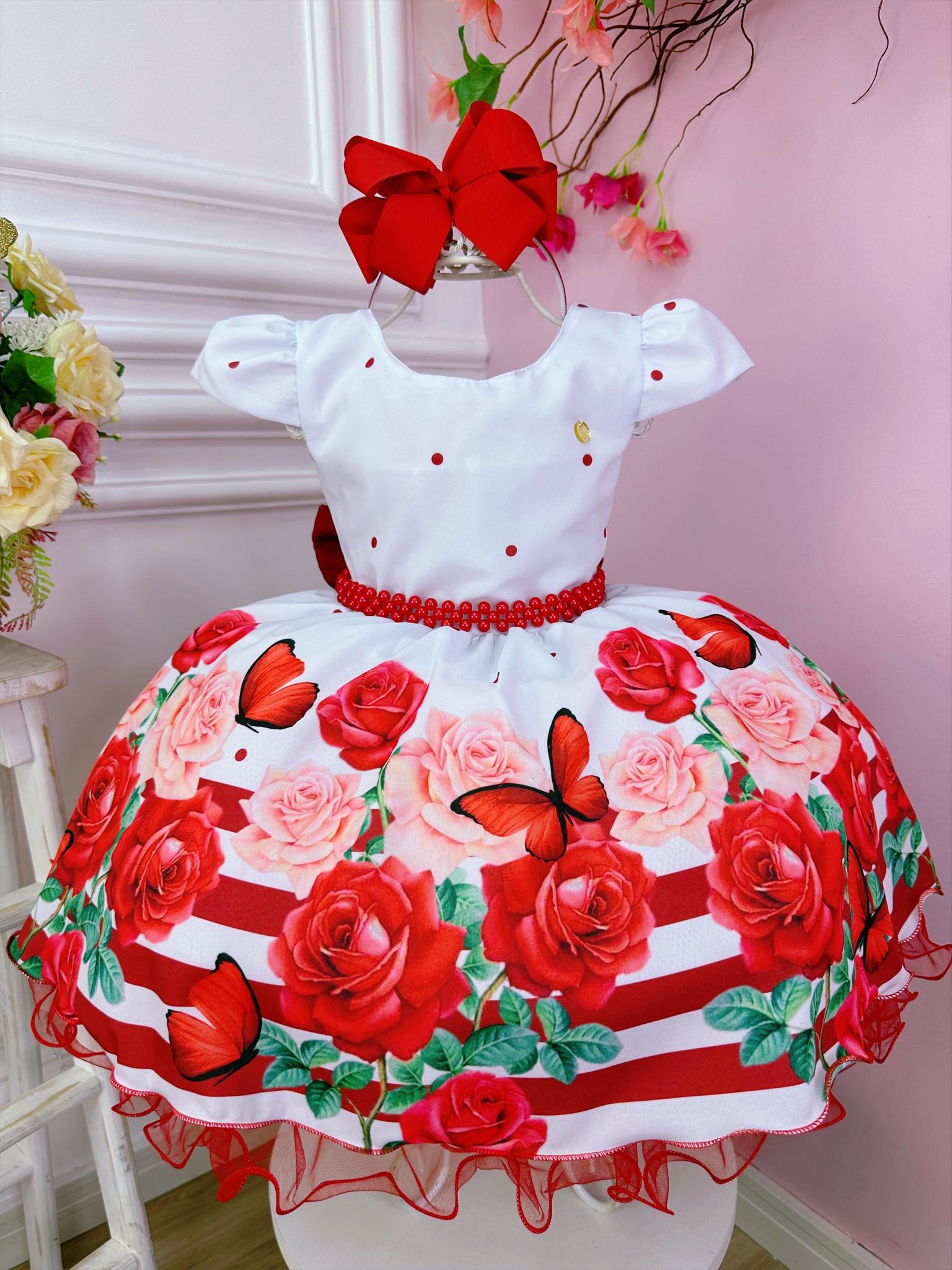 Vestido Infantil Branco Florido de Vermelho Primavera