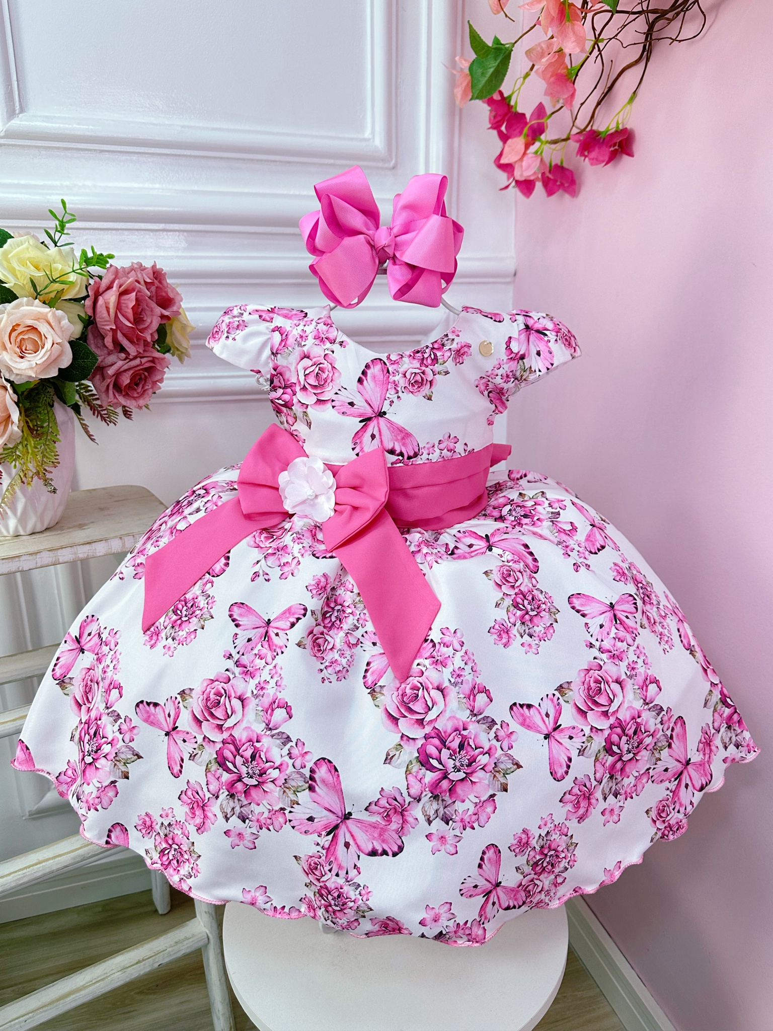 Vestido Infantil Branco Jardim das Borboletas C/ Broche