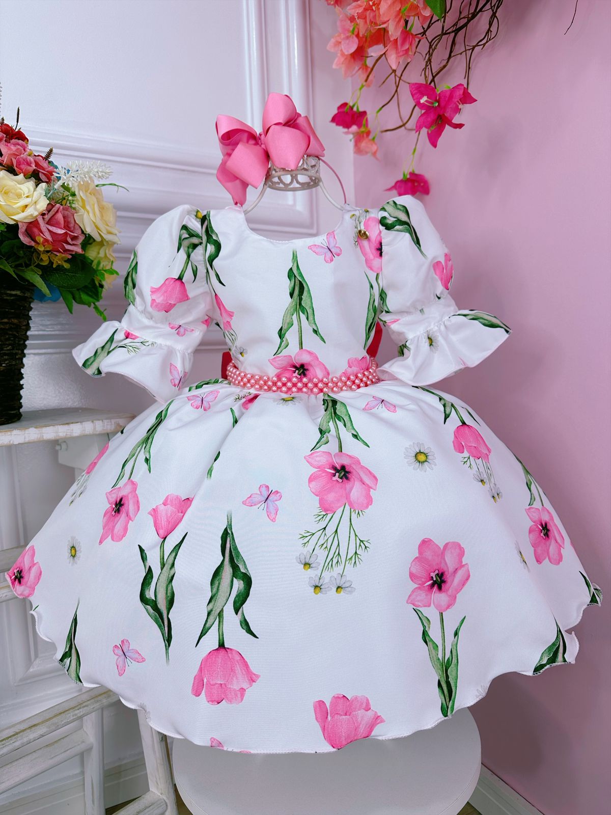 Vestido Infantil Branco Jardim das Borboletas Com Pérolas