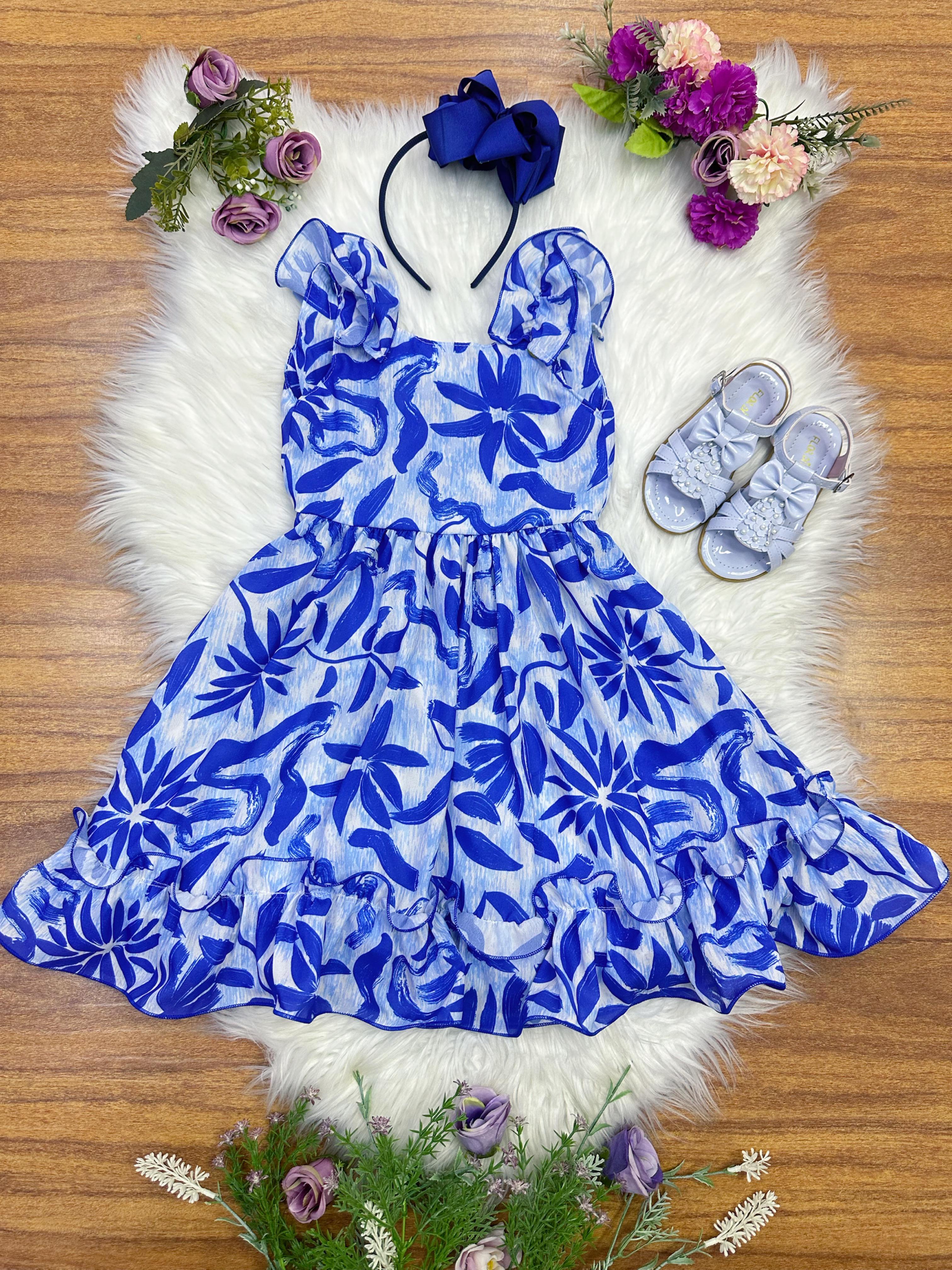 Vestido Infantil Casual Primavera Florido Azul