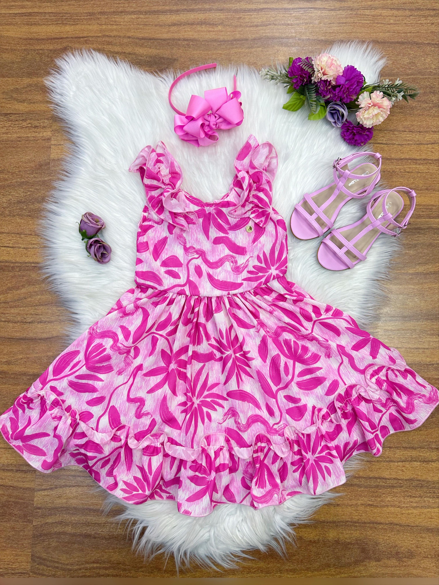 Vestido Infantil Casual Primavera Rosa Chiclete Florido