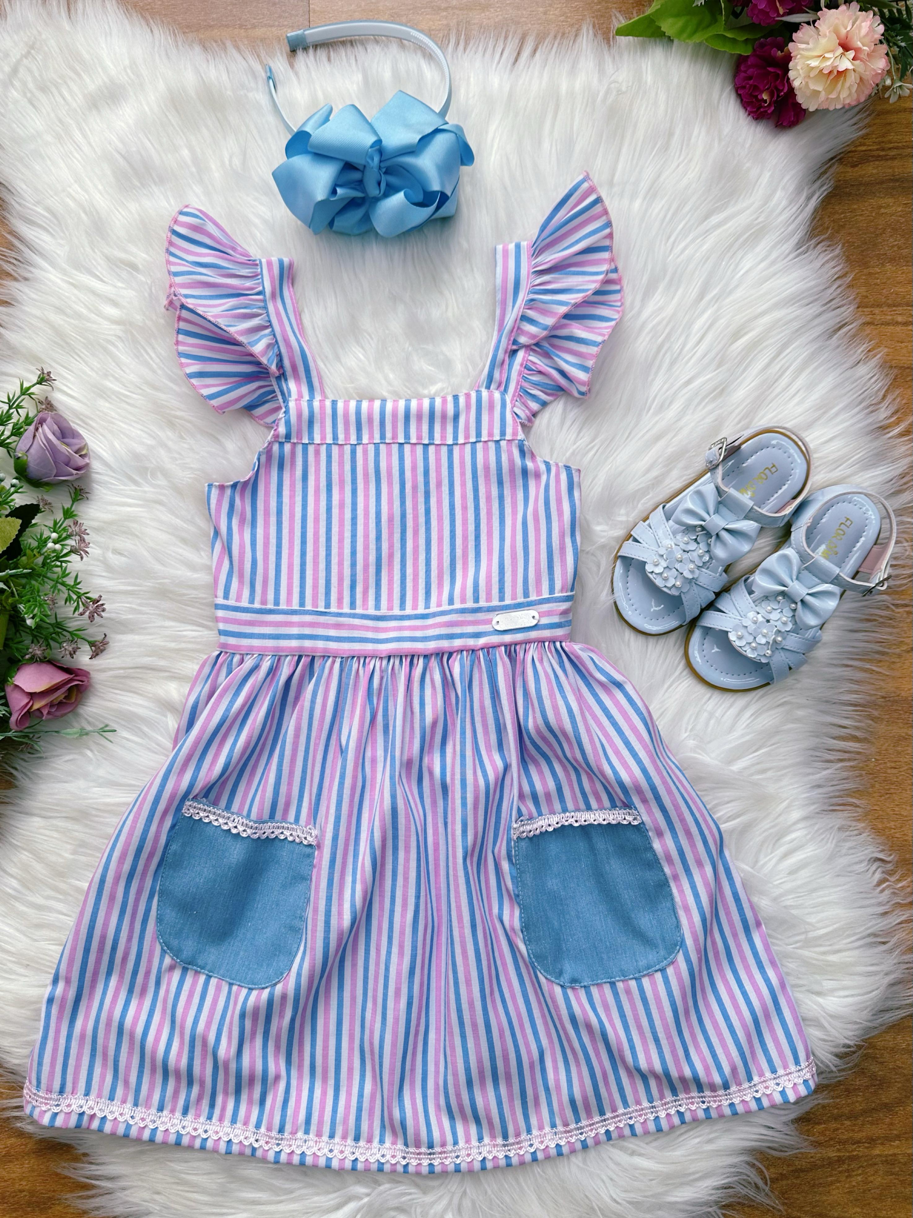 Vestido Infantil Casual Primavera Verão Listras Coloridas