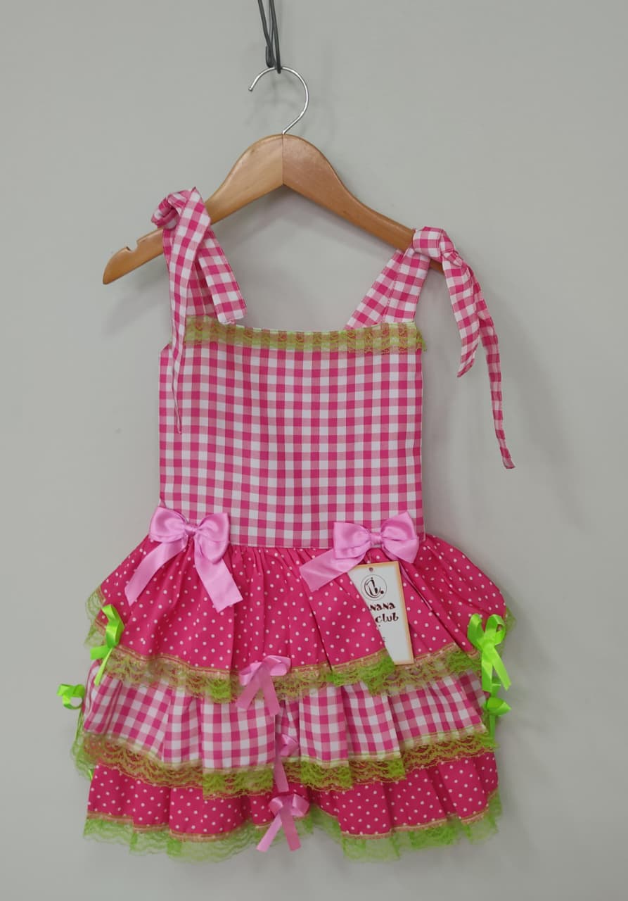 Vestido Infantil de Alça Junino Arraiá Festas Pink Xadrez