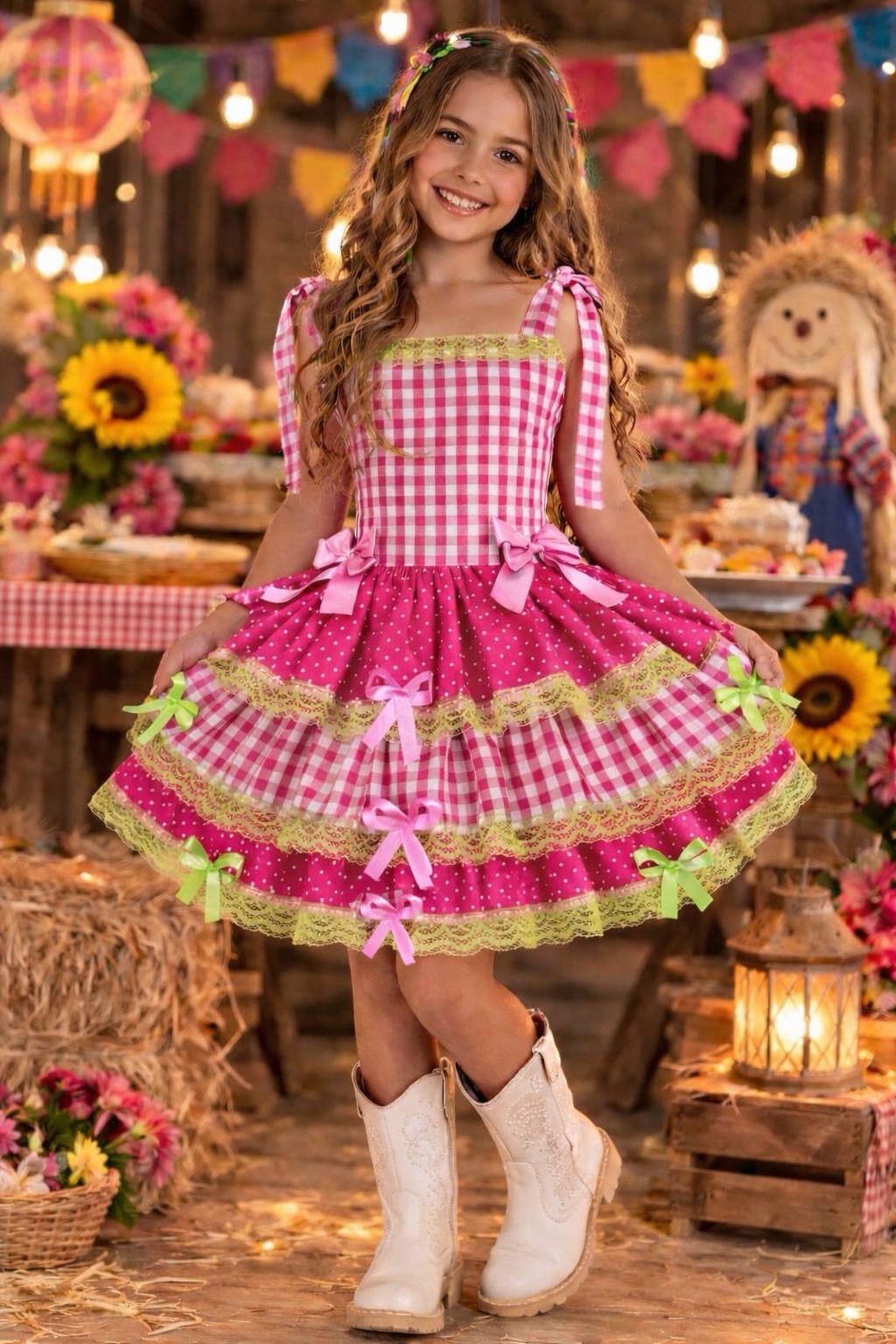 Vestido Infantil de Alça Junino Arraiá Festas Pink Xadrez