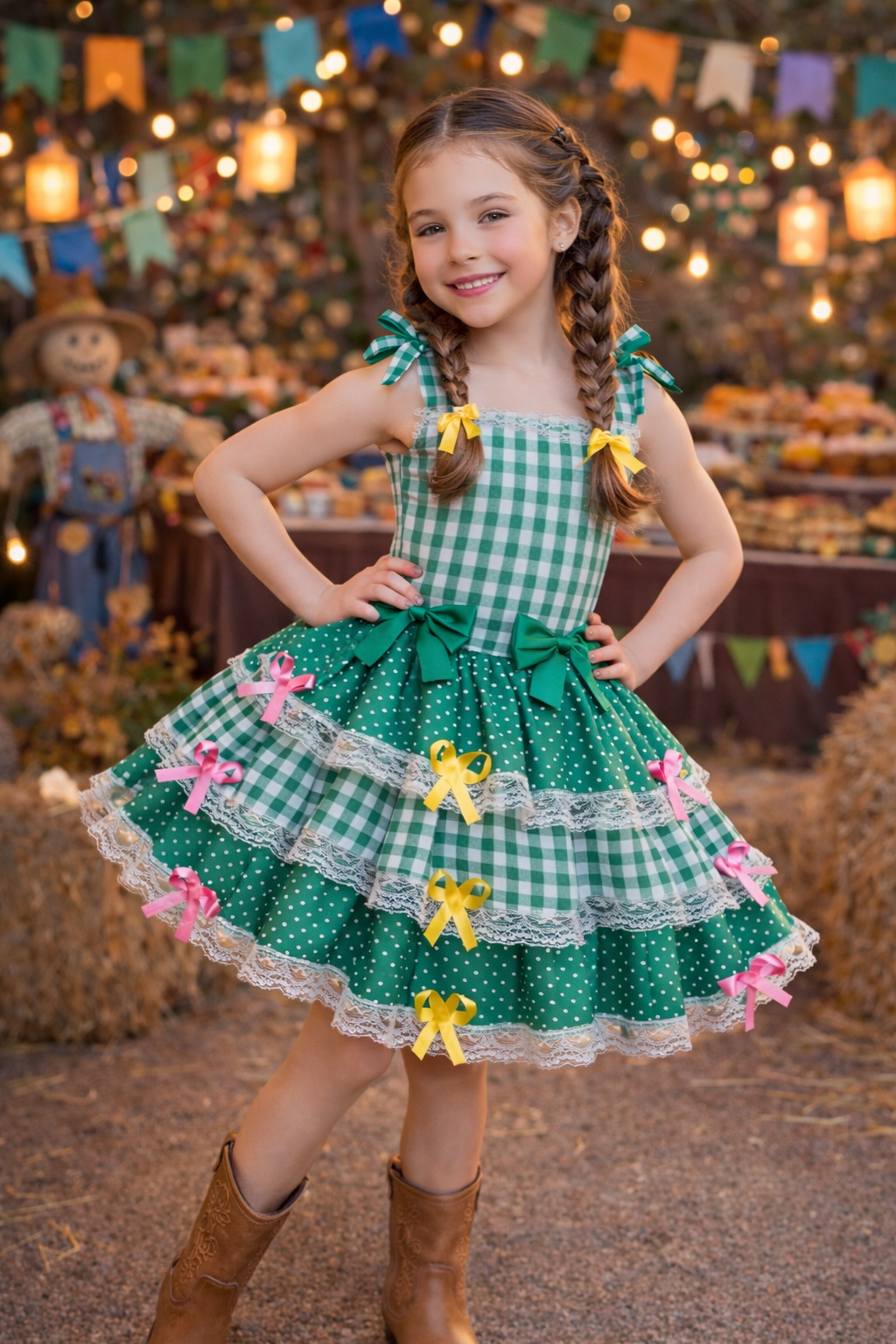 Vestido Infantil de Alça Junino Arraiá Festas Verde Xadrez