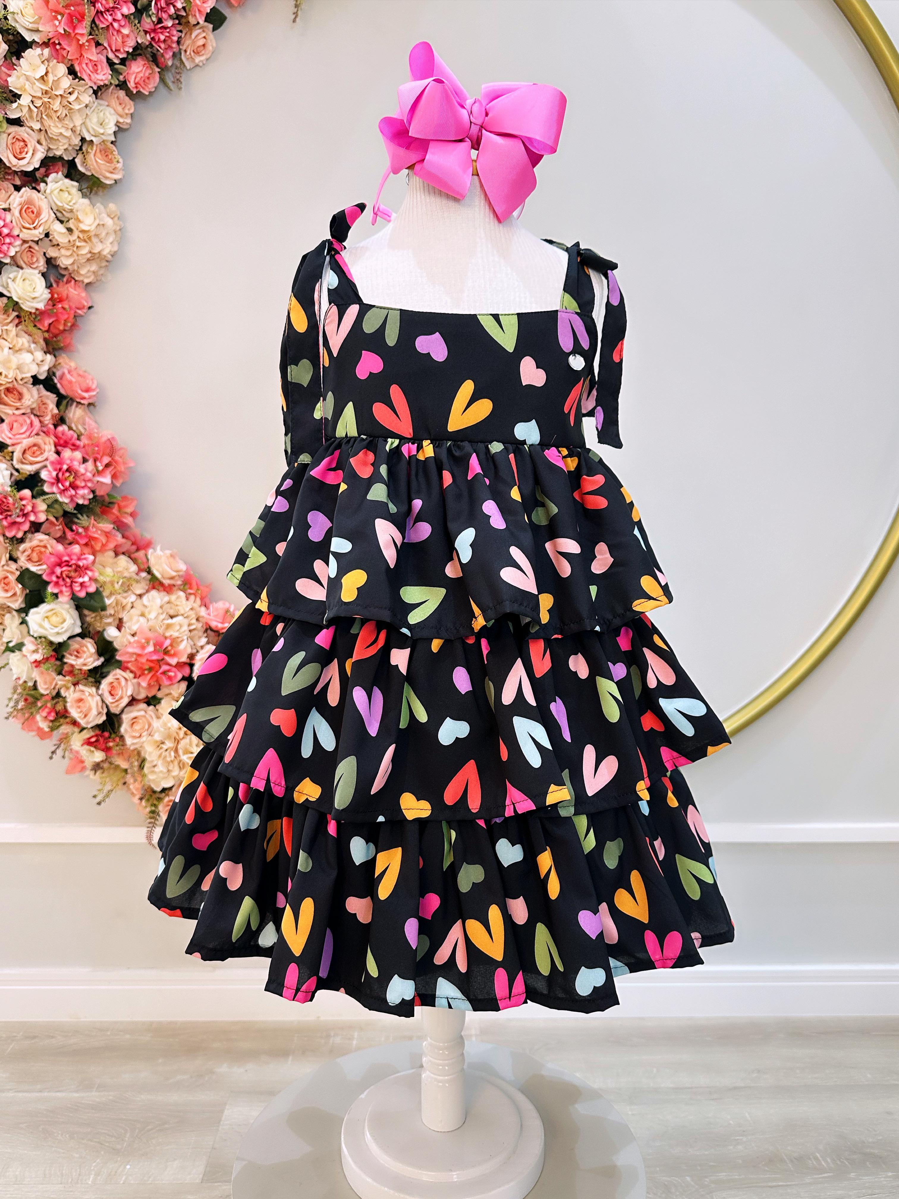 Vestido Infantil de Alça Primavera Verão Preto Corações Casual