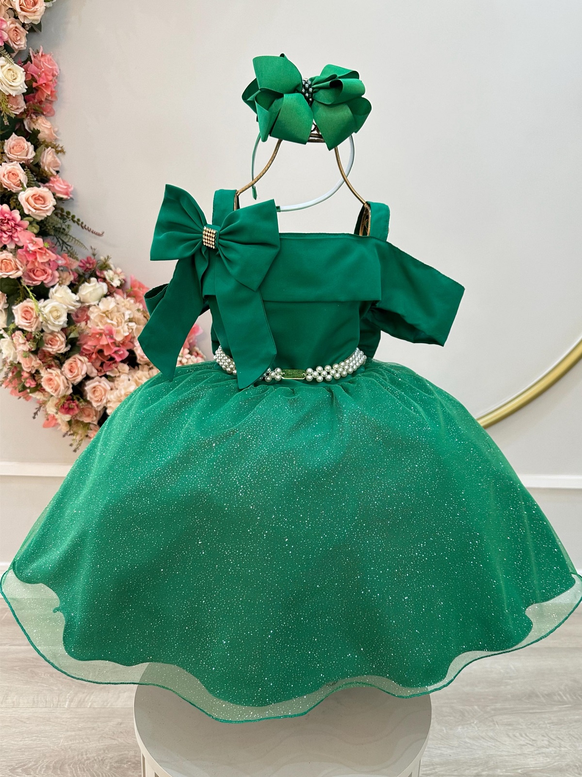 Vestido Infantil de Alça Verde Saia C/ Glitter e Broche Festas