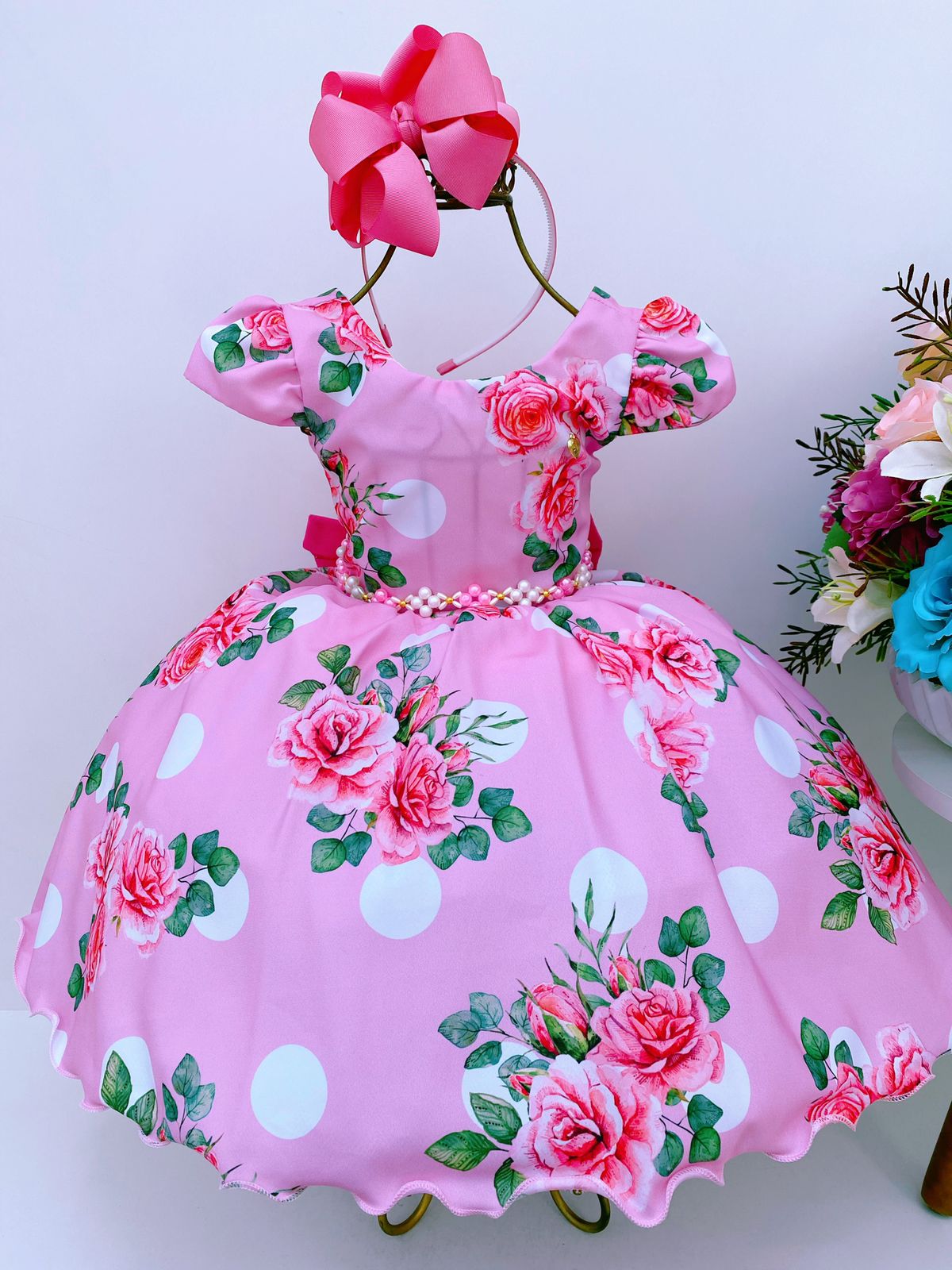 Vestido Infantil Florido Rosa Cinto Pérolas Luxo Princesas