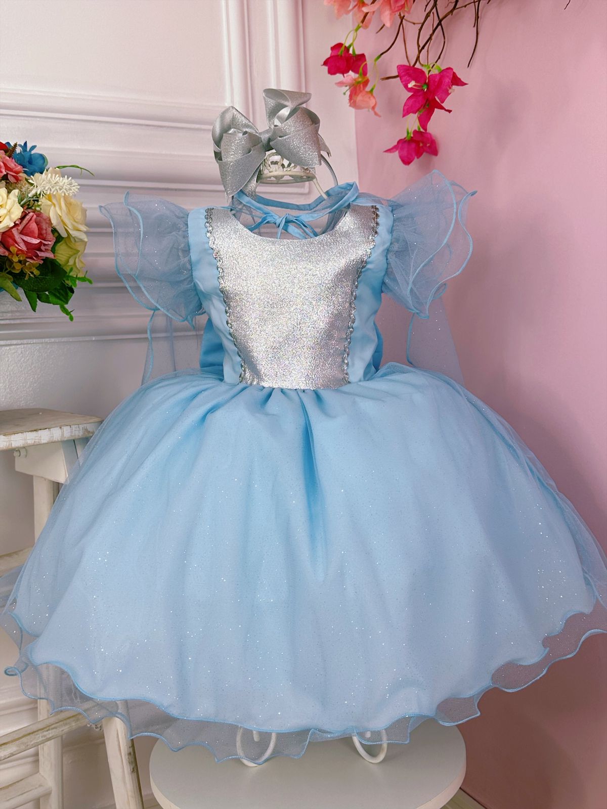 Vestido Infantil Frozen Anna e Elsa Azul C/ Glitter e Capa