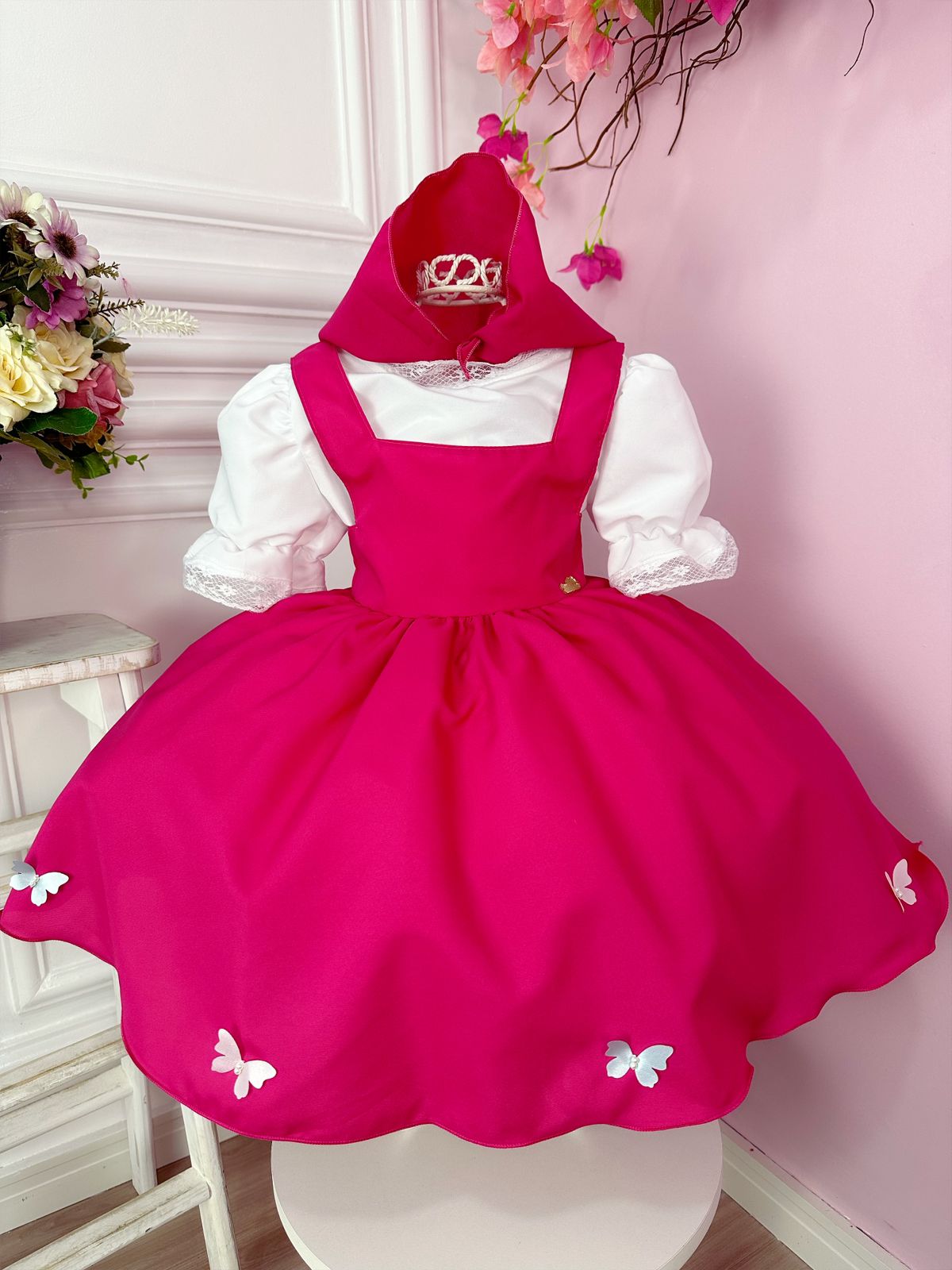 Vestido Infantil Jardineira Pink com Lenço Menina e o Urso