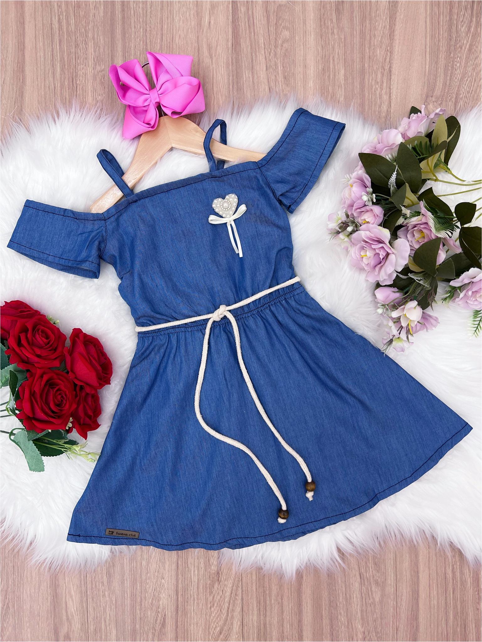 Vestido Infantil Jeans Broche Coração e Cinto Cordão Casual