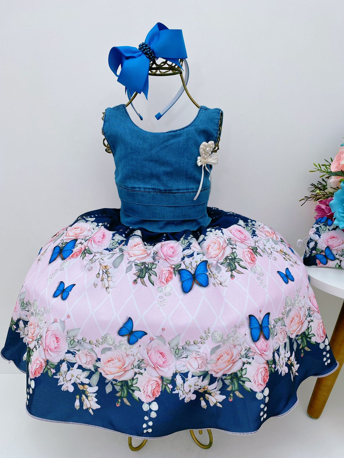 Vestido Infantil Jeans Saia Azul Marinho Flores Borboleta