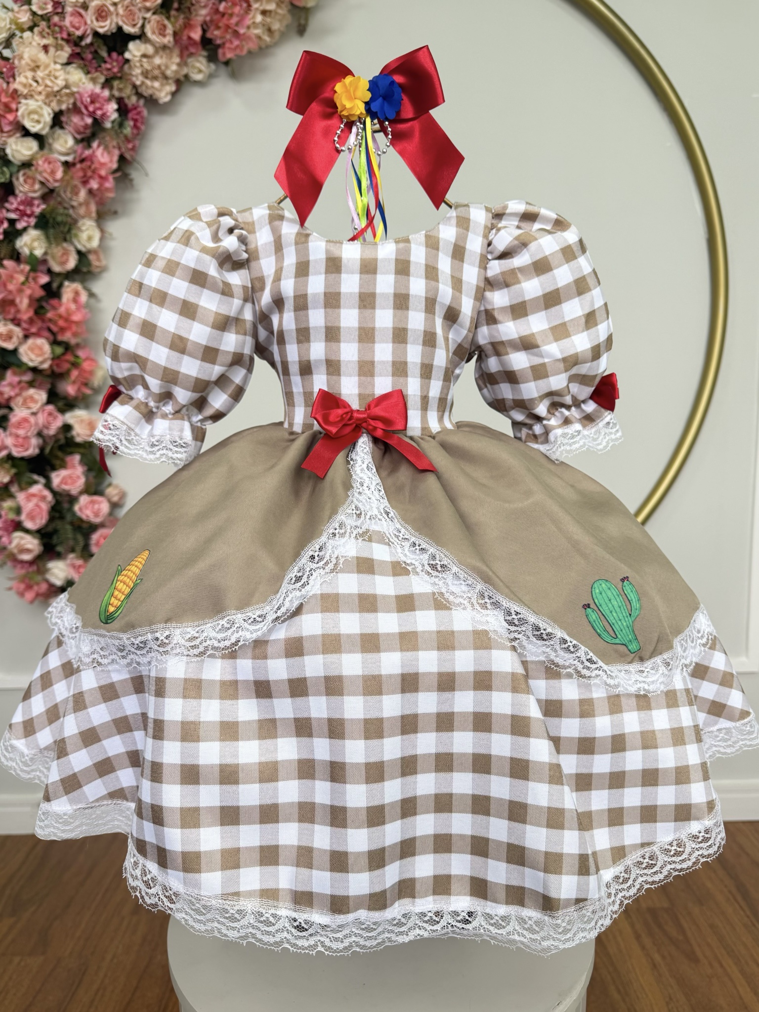 Vestido Infantil Junino Arraiá Caipira Xadrez Marrom