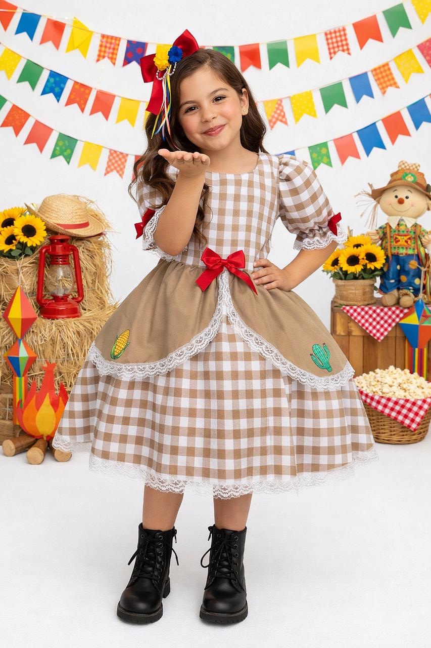Vestido Infantil Junino Arraiá Caipira  Xadrez Marrom