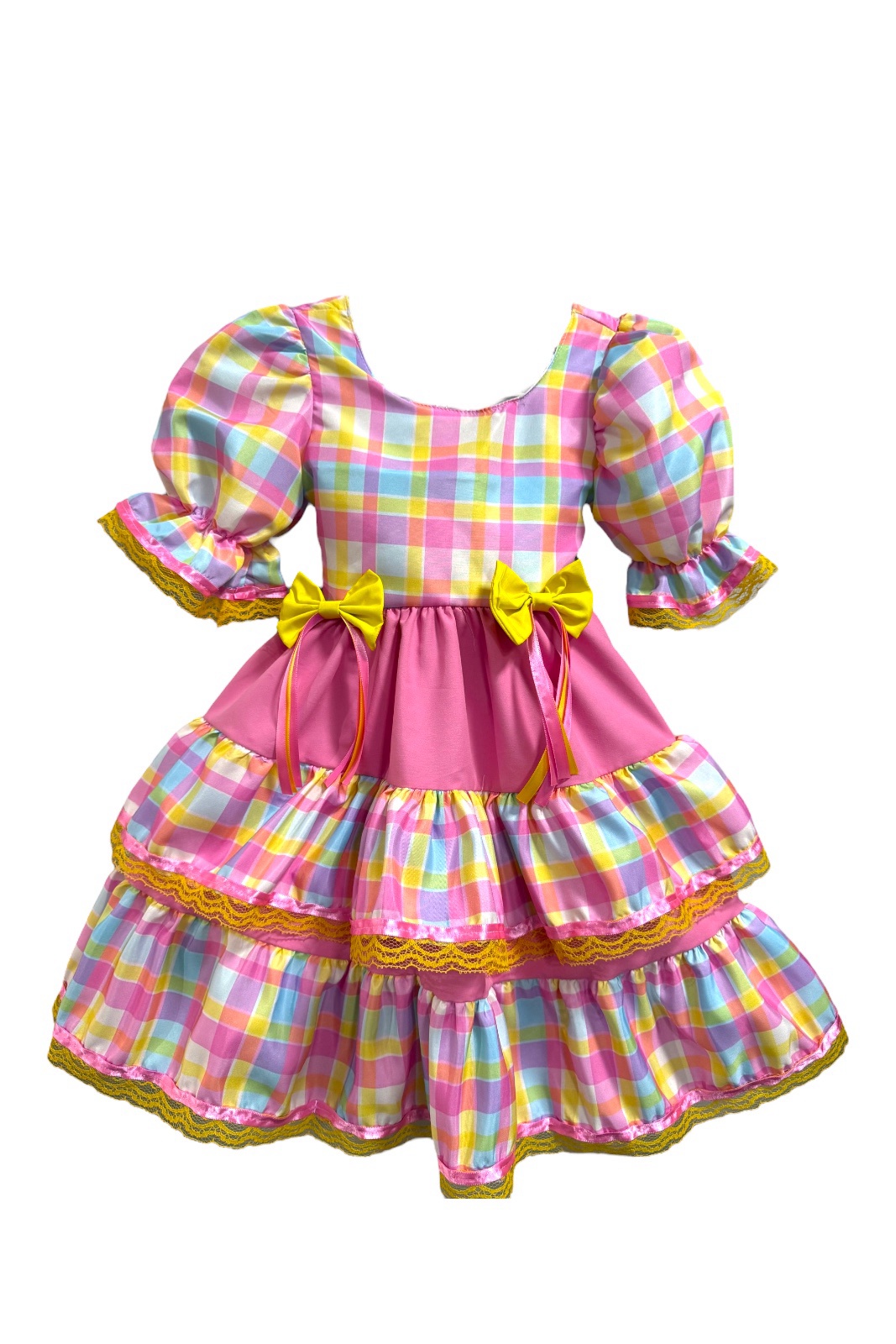 Vestido Infantil Junino Arraiá Capira Xadrez Colorido Rosa