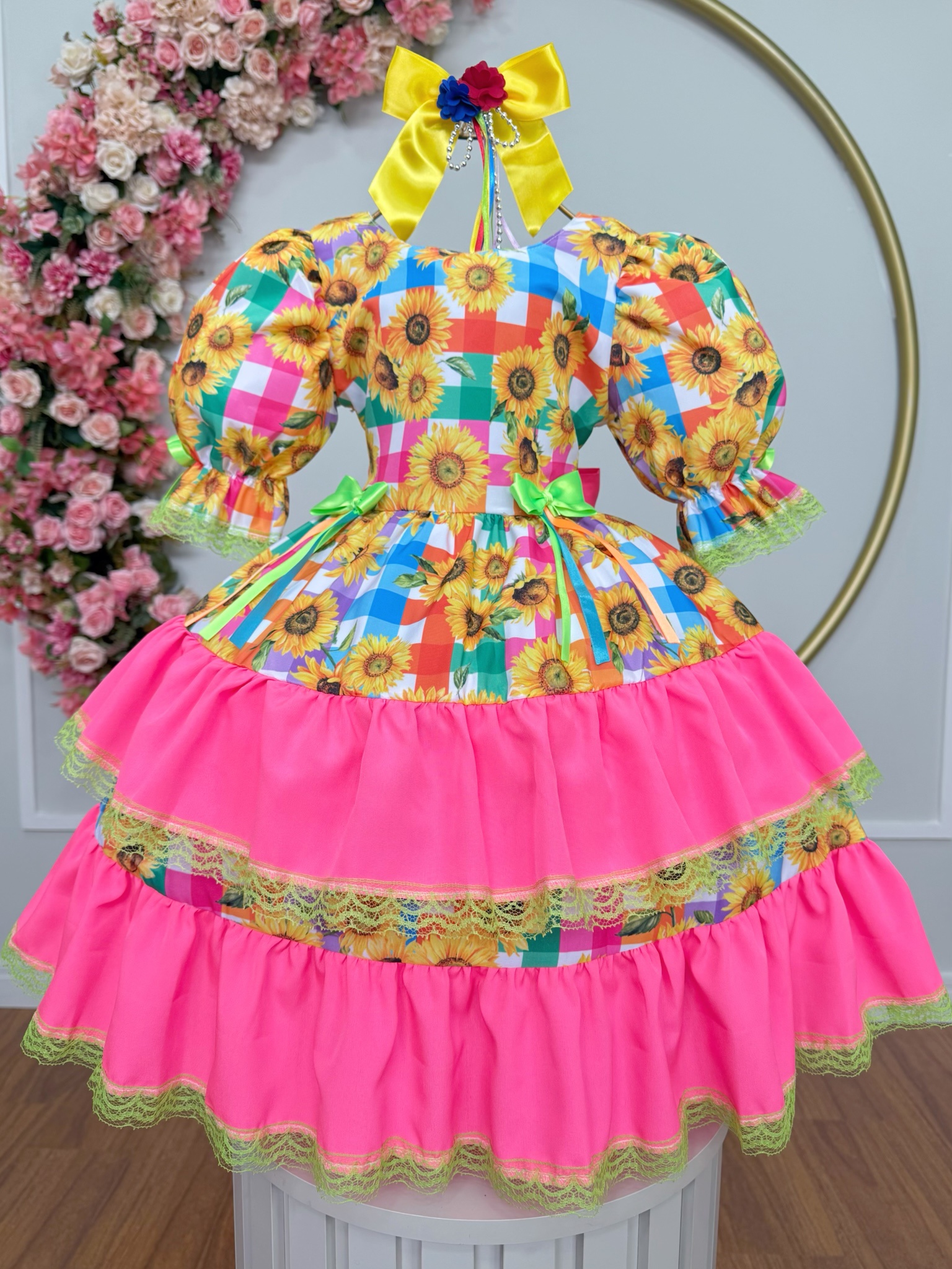 Vestido Infantil Junino Arraiá Colorido Girassol Luxo