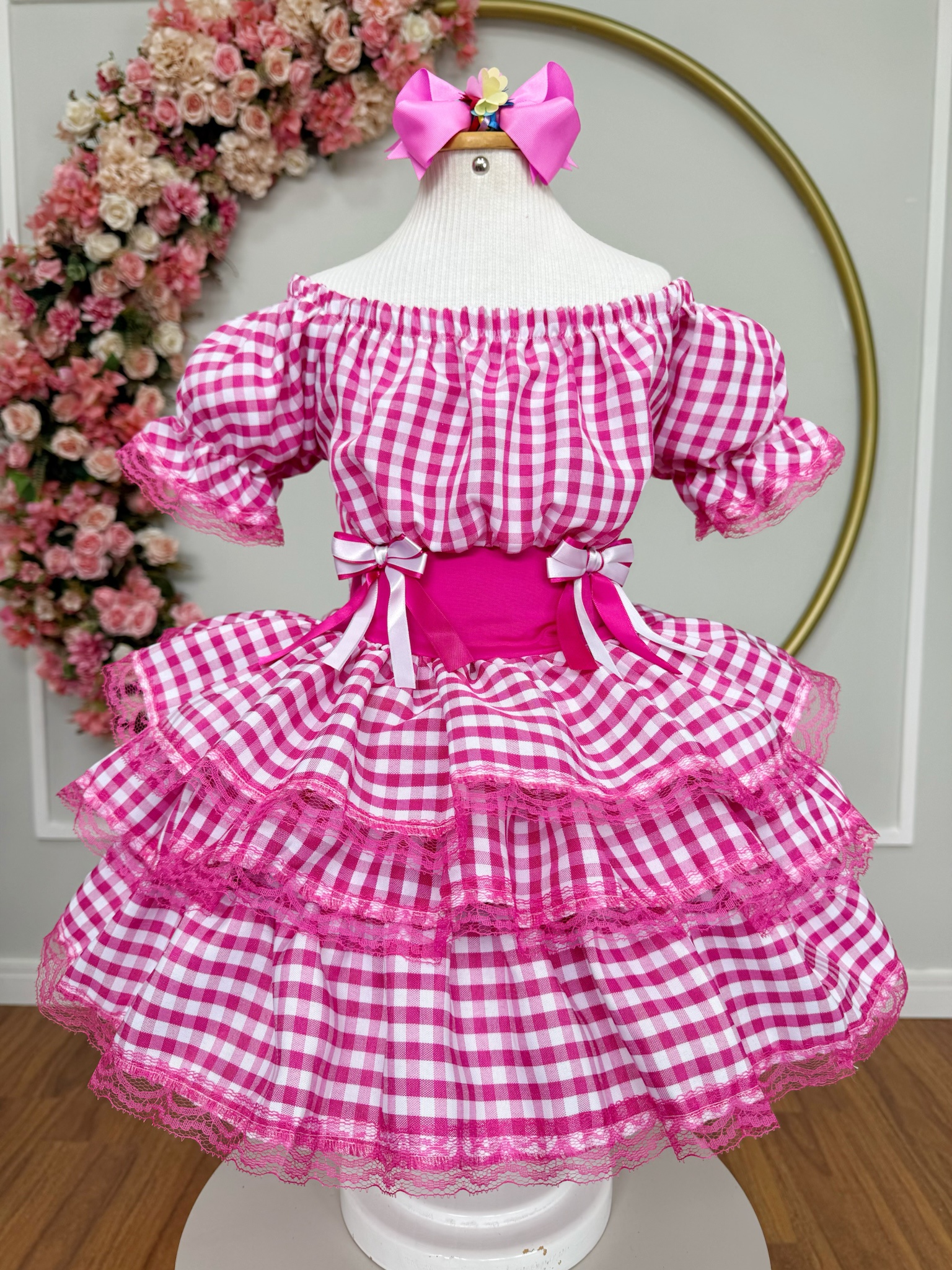 Vestido Infantil Junino Arraiá Festas Pink Xadrez