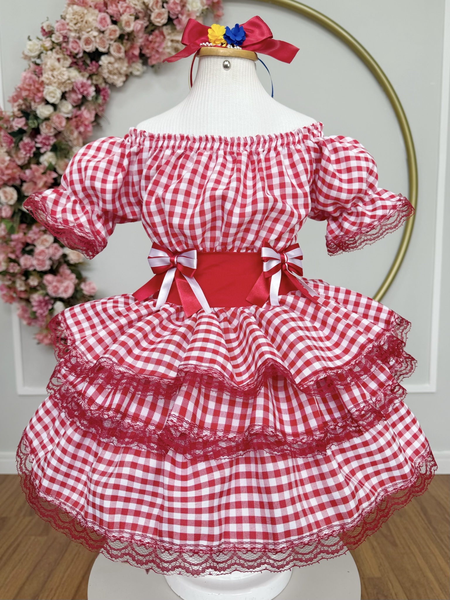 Vestido Infantil Junino Arraiá Festas Vermelho Xadrez