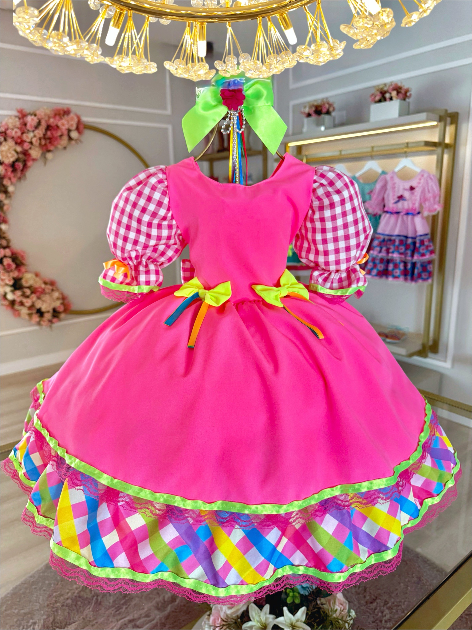 Vestido Infantil Junino Caipira Rosa Neon Colorido Xadrez