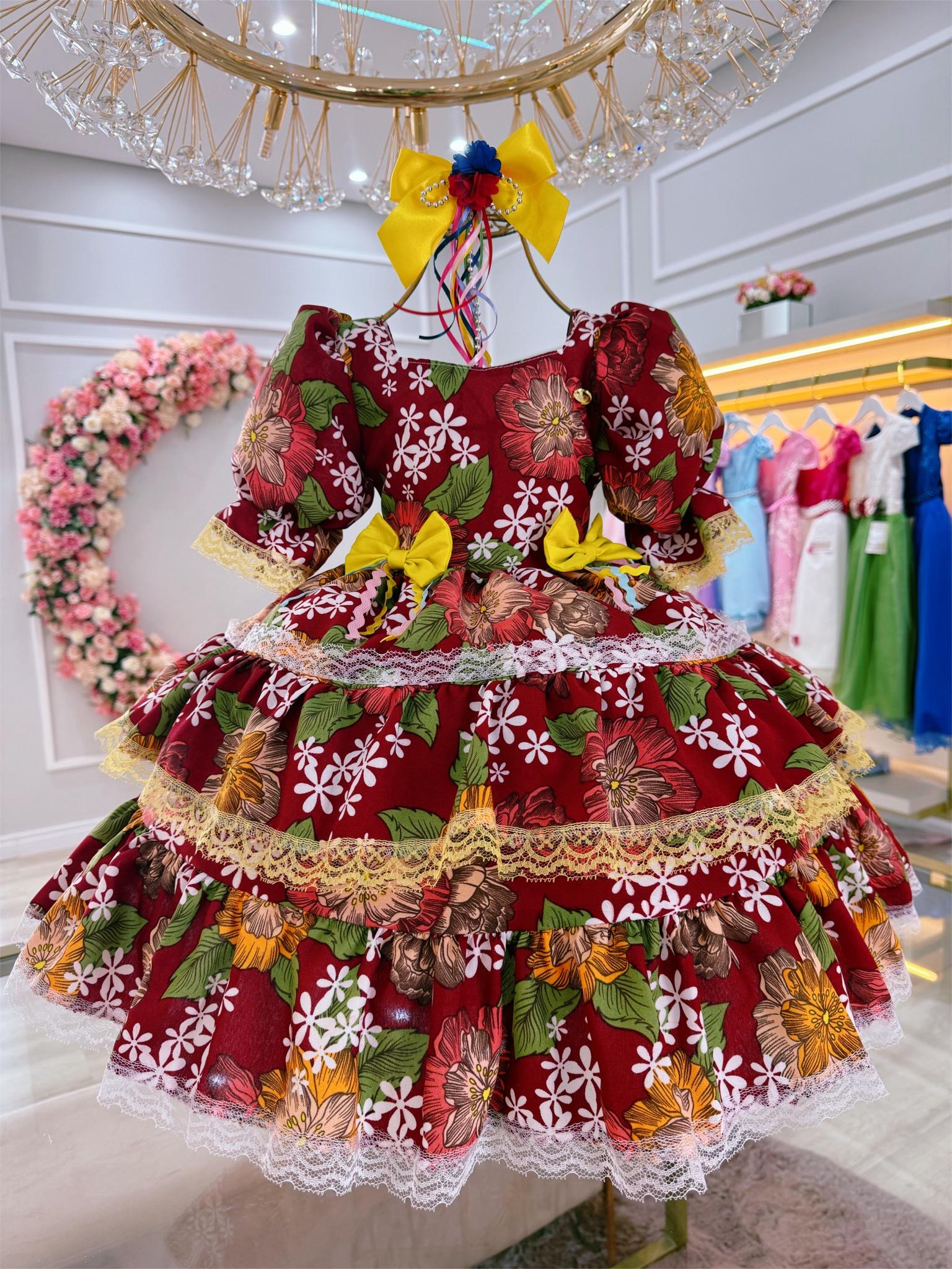 Vestido Infantil Junino Marsala Florido C/ Aplique Lacinhos