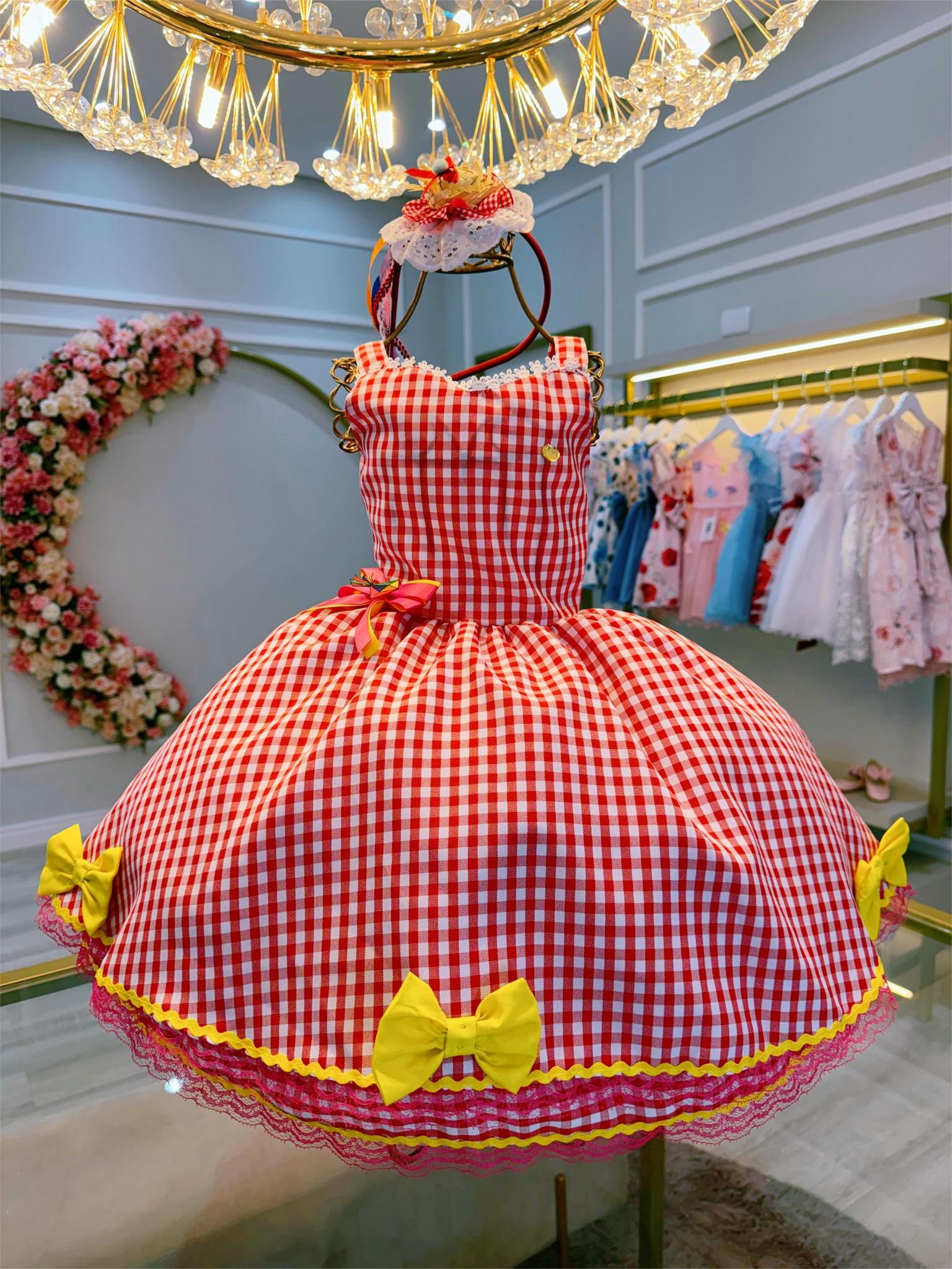 Vestido Infantil Junino Vermelho Xadrez Aplique de Lacinhos