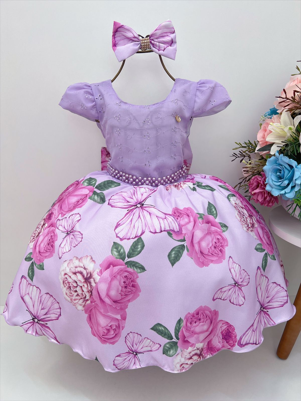 Vestido Infantil Lilás C/ Renda Pérolas e Laço Luxo