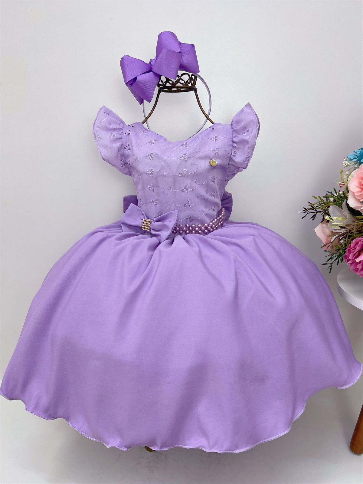 Vestido Infantil Lilás C/ Renda Pérolas e Strass Princesas