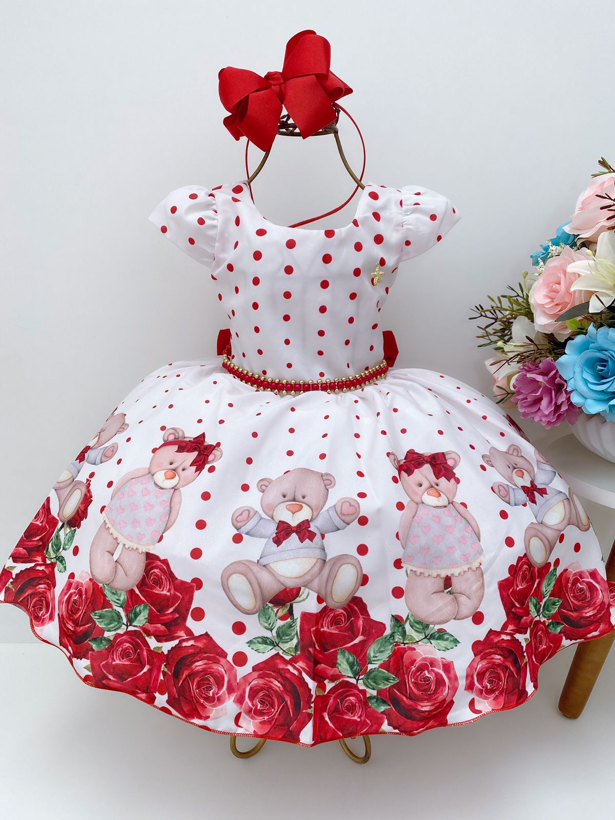 Vestido Infantil Off Bolinhas Vermelhas Ursinhos Festas