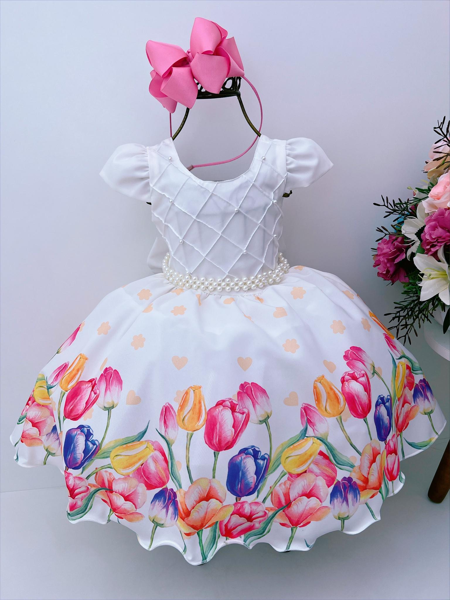 Vestido Infantil Off Peito Nervura Saia Florida Pérolas Luxo