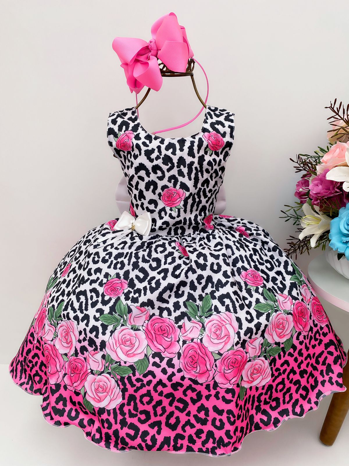 Vestido Infantil Oncinha Rosas Laço Luxo