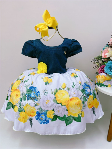 Vestido Infantil Peito Jeans Saia Branca Floral