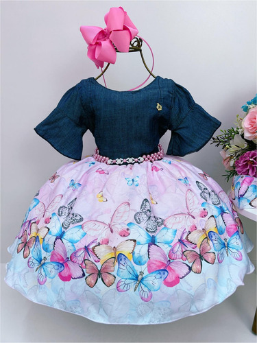 Vestido Infantil Peito Jeans Saia Rosa Borboletas Pérolas