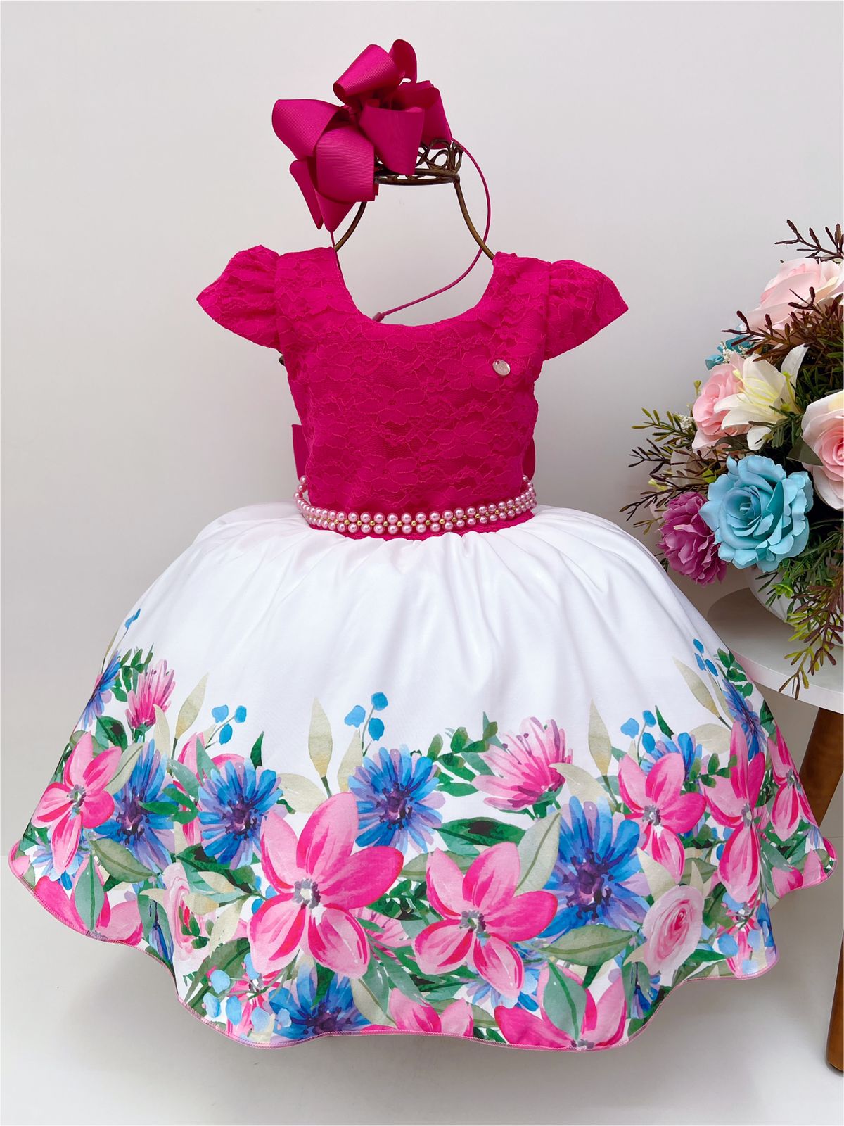Vestido Infantil Pink Com Renda Saia Floral Branca Pérolas