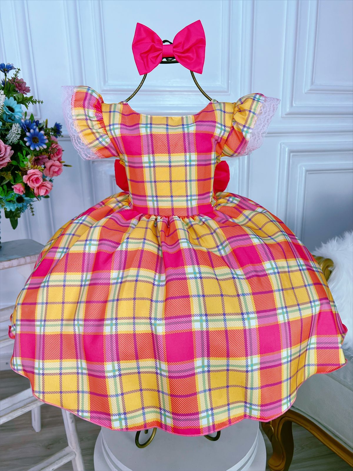 Vestido Infantil Pink Xadrez Colorido Com Laço Luxo