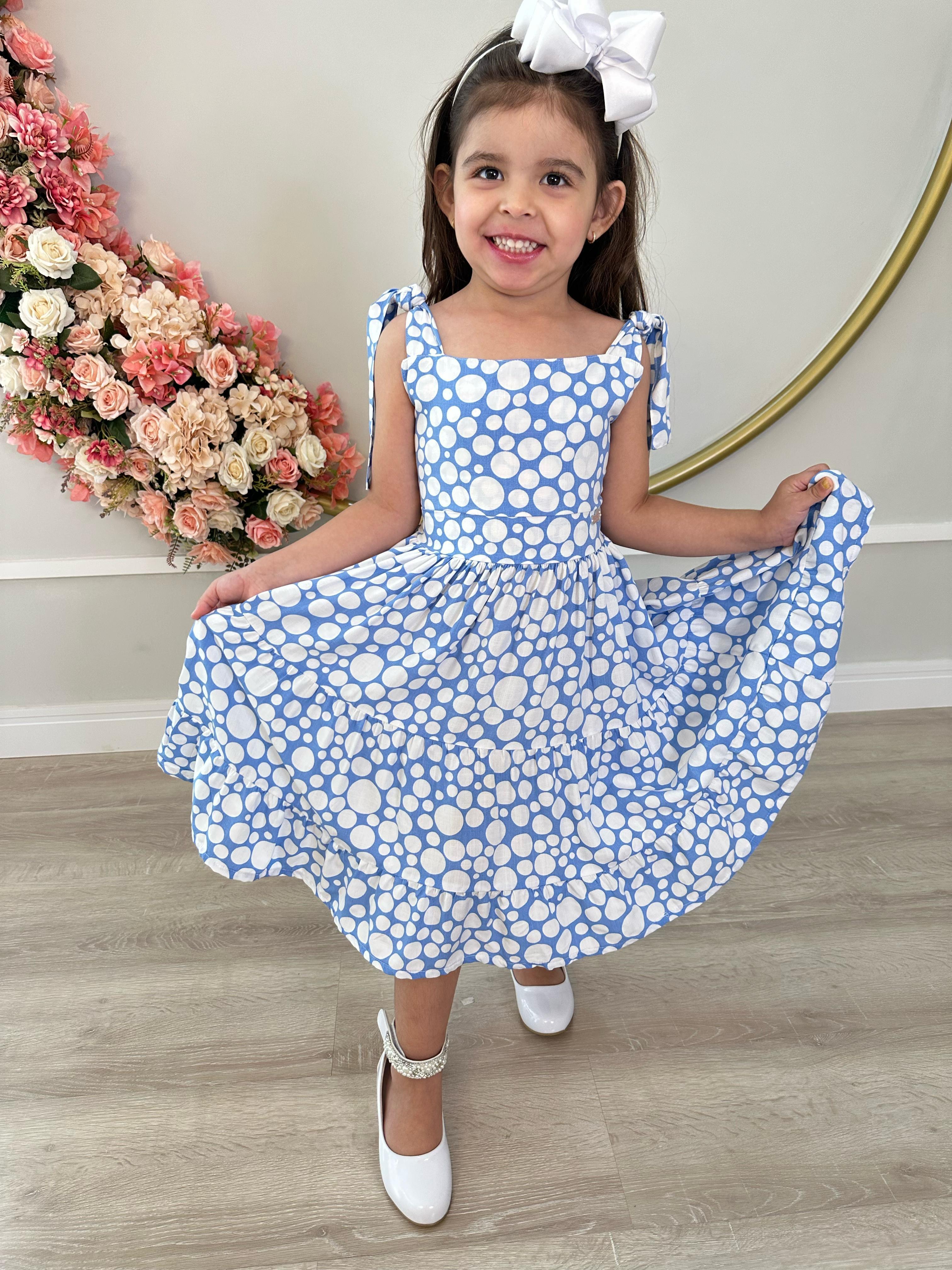 Vestido Infantil Primavera Verão Branco C/ Azul Bebê Casual