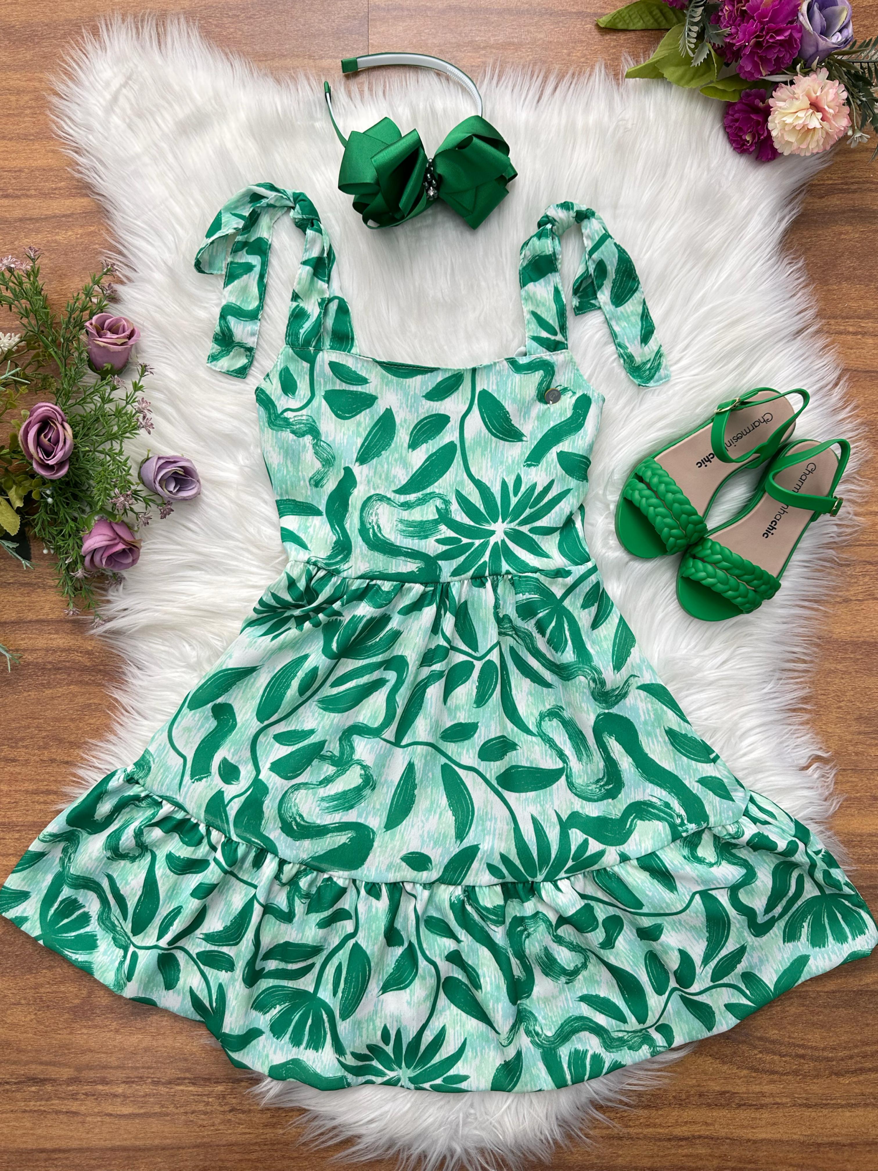 Vestido Infantil Primavera Verão Florido Verde Festas Casual