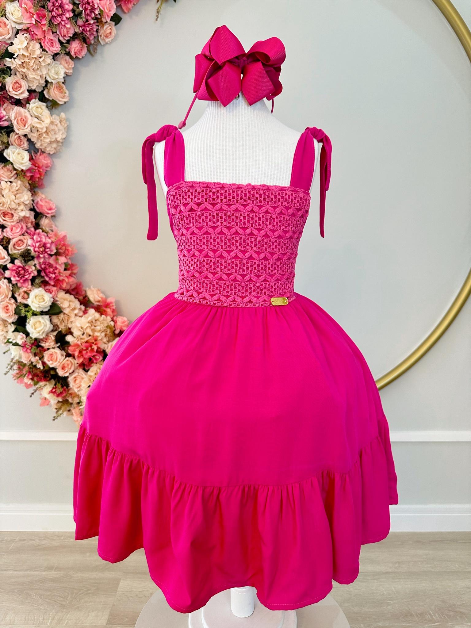 Vestido Infantil Primavera Verão Pink de Alça e Busto Bordado