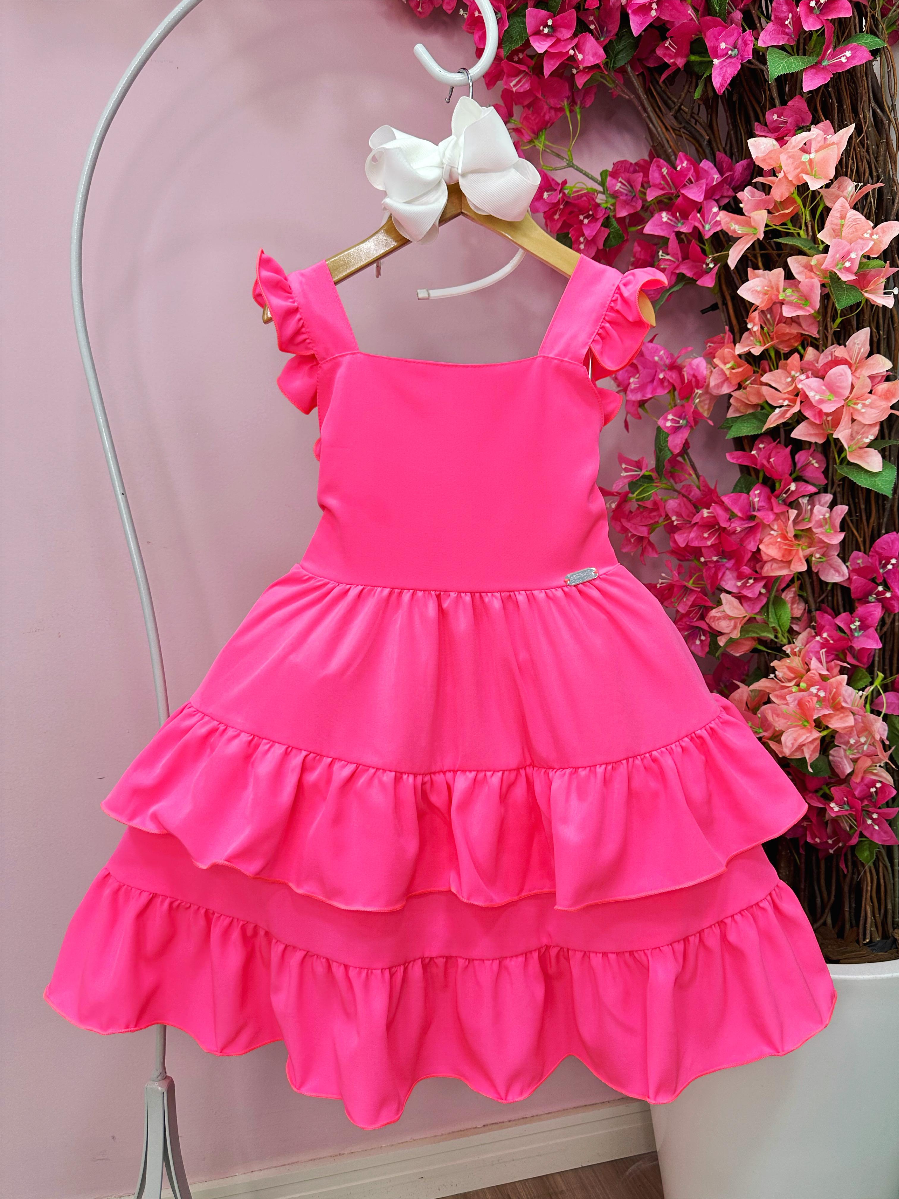 Vestido Infantil Primavera Verão Rosa Neon Saia C/ Babado