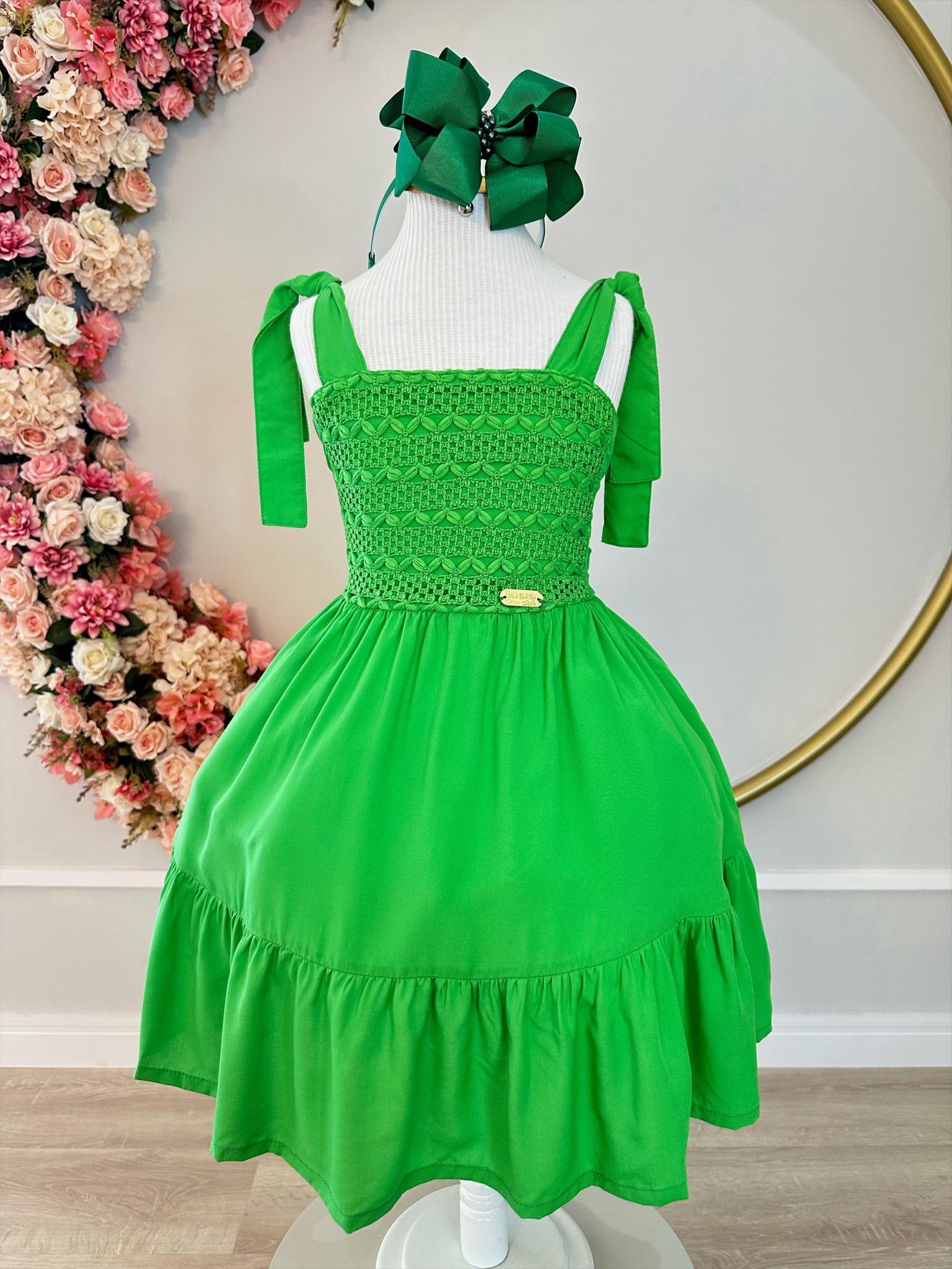 Vestido Infantil Verão Verde Bandeira Alça Ajustável Casual