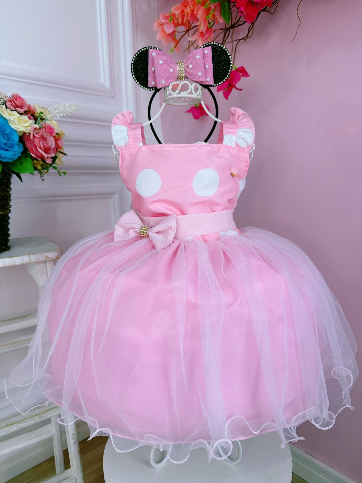 Vestido Infantil Rosa Bolinhas C/ Broche Strass Luxo