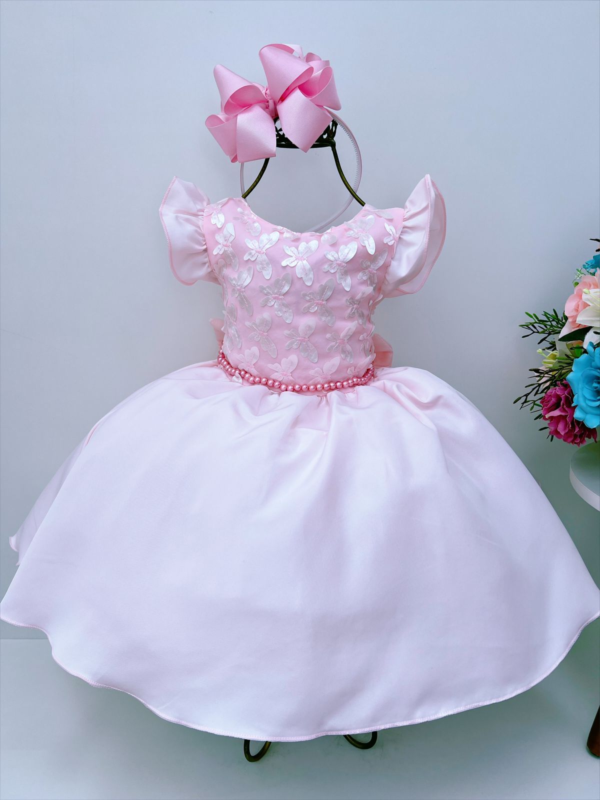 Vestido Infantil Rosa C/ Aplique de Borboletas Pérolas Luxo