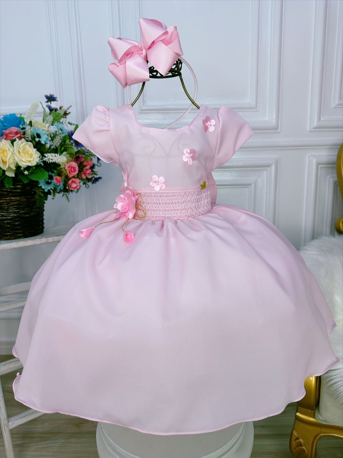 Vestido Infantil Rosa C/ Aplique de Flores e Broche Luxo