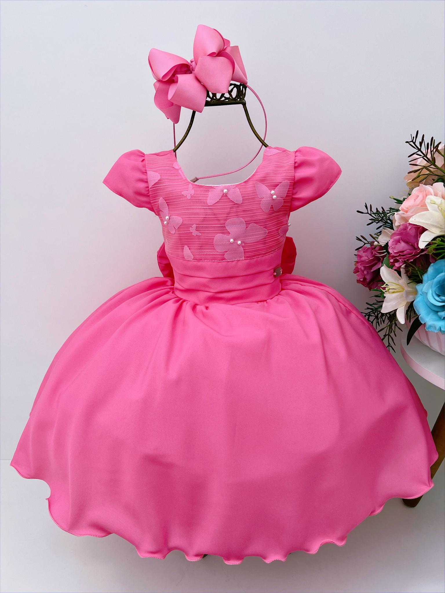 Vestido Infantil Rosa Chiclete Borboletas Pérolas Luxo